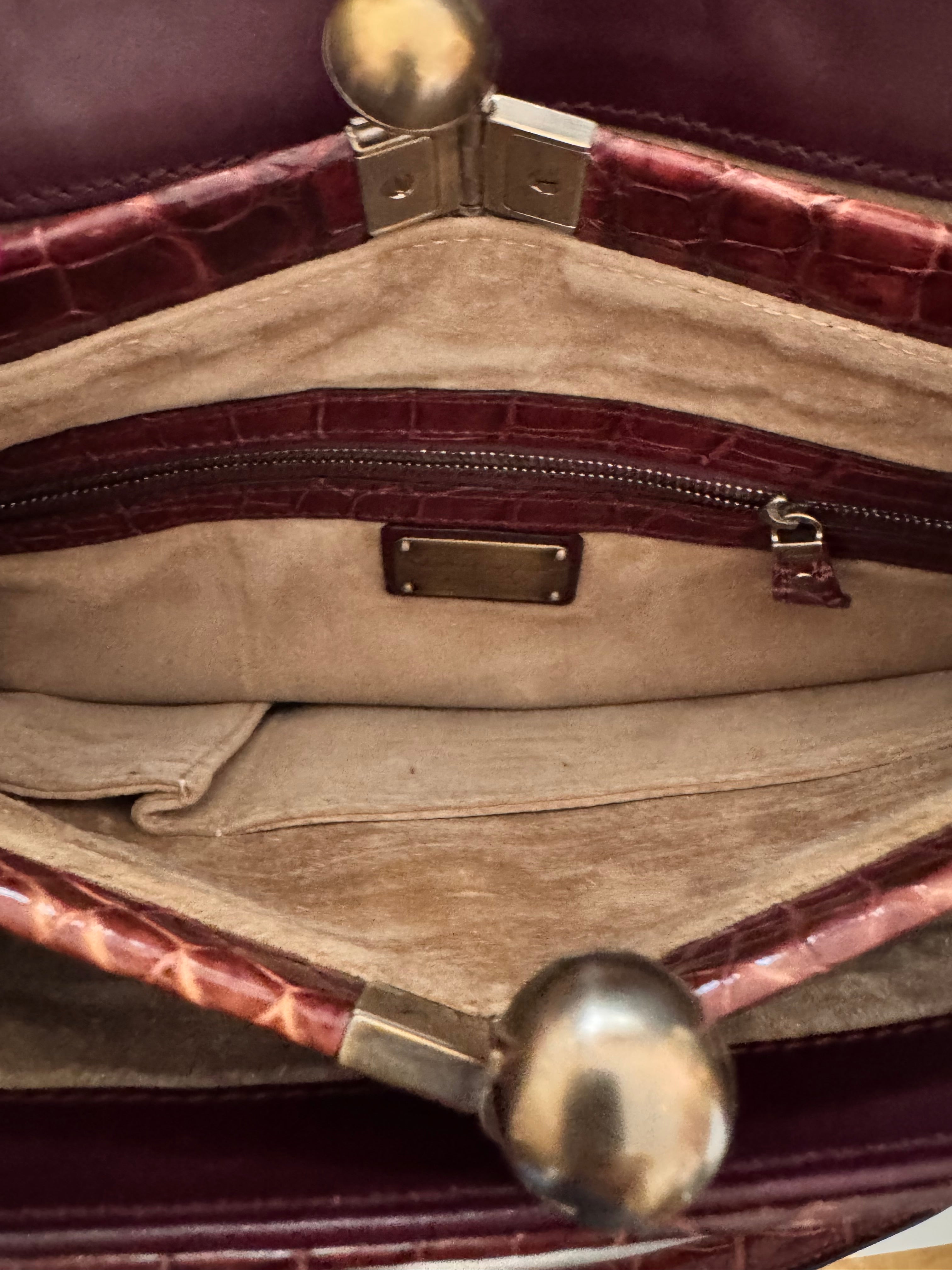 Salvatore Ferragamo Maroon Croc-Embossed Gancini Satchel