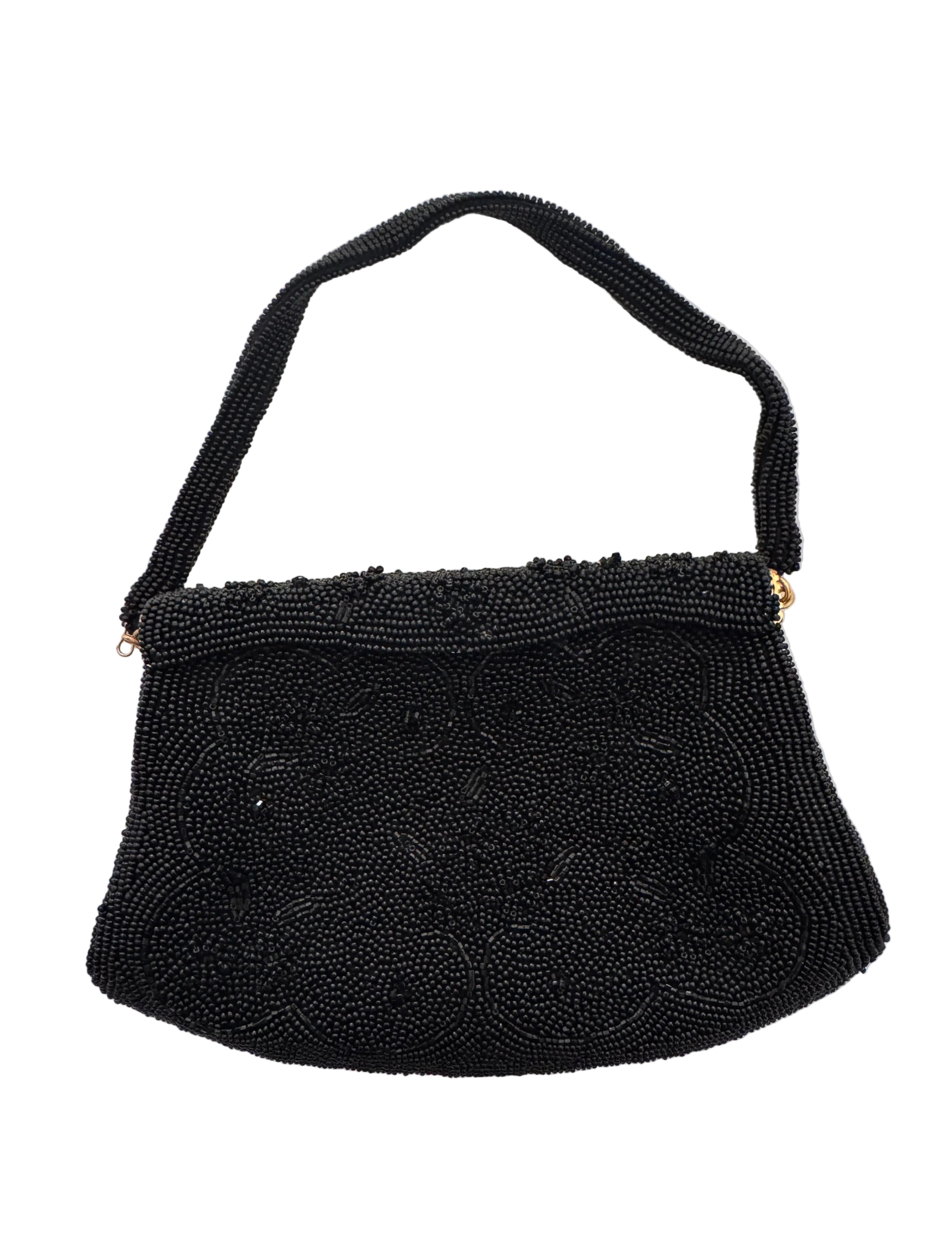 Vintage Jet Black Hand-Beaded Frame Purse