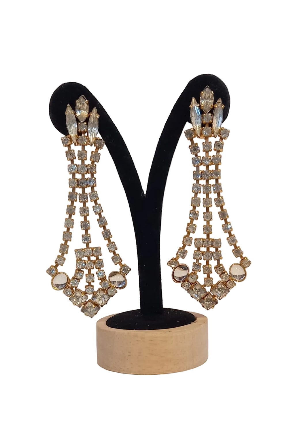 Vintage Gold Tone Rhinestone Chandelier Drop Earrings