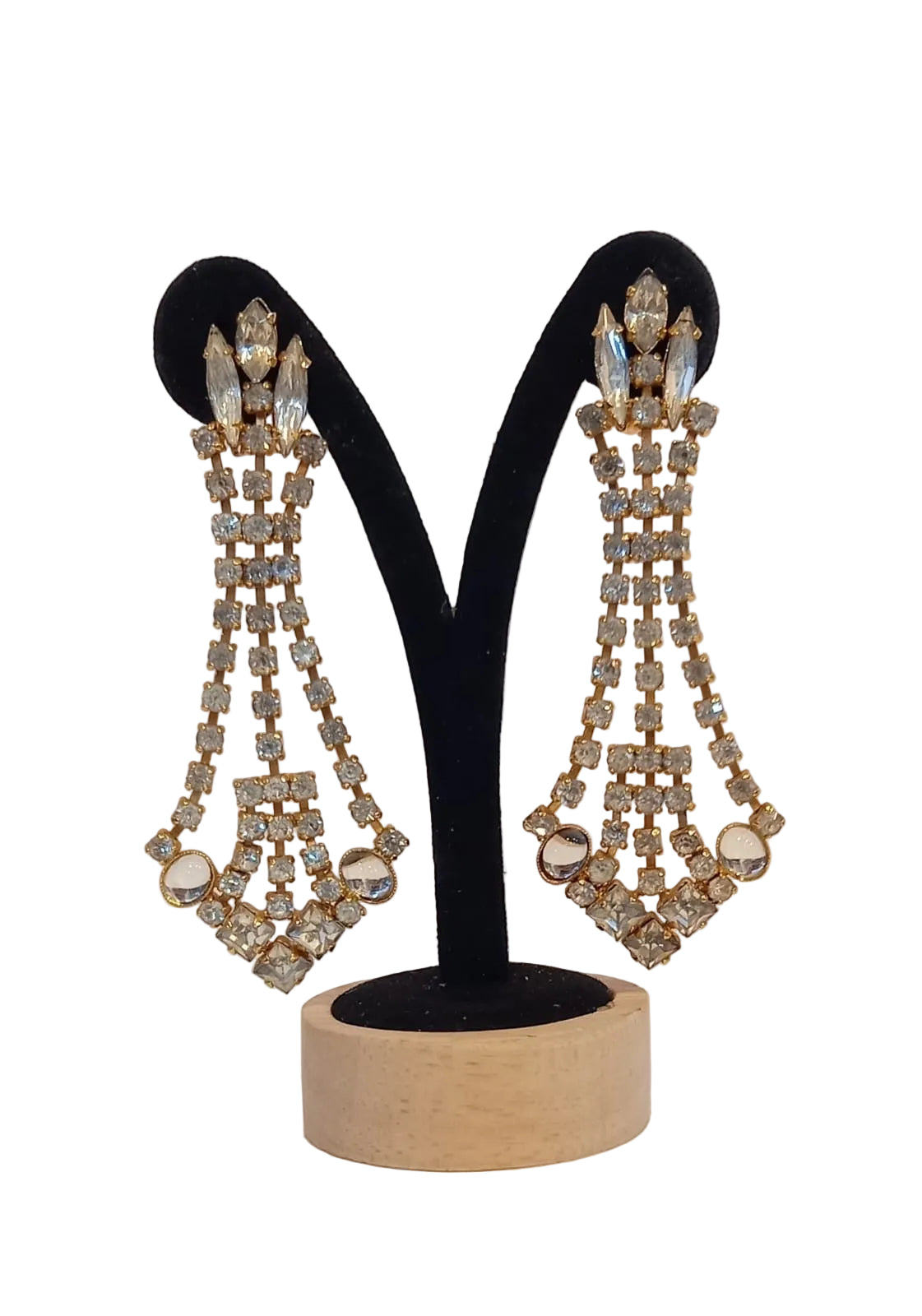 Vintage Gold Tone Rhinestone Chandelier Drop Earrings