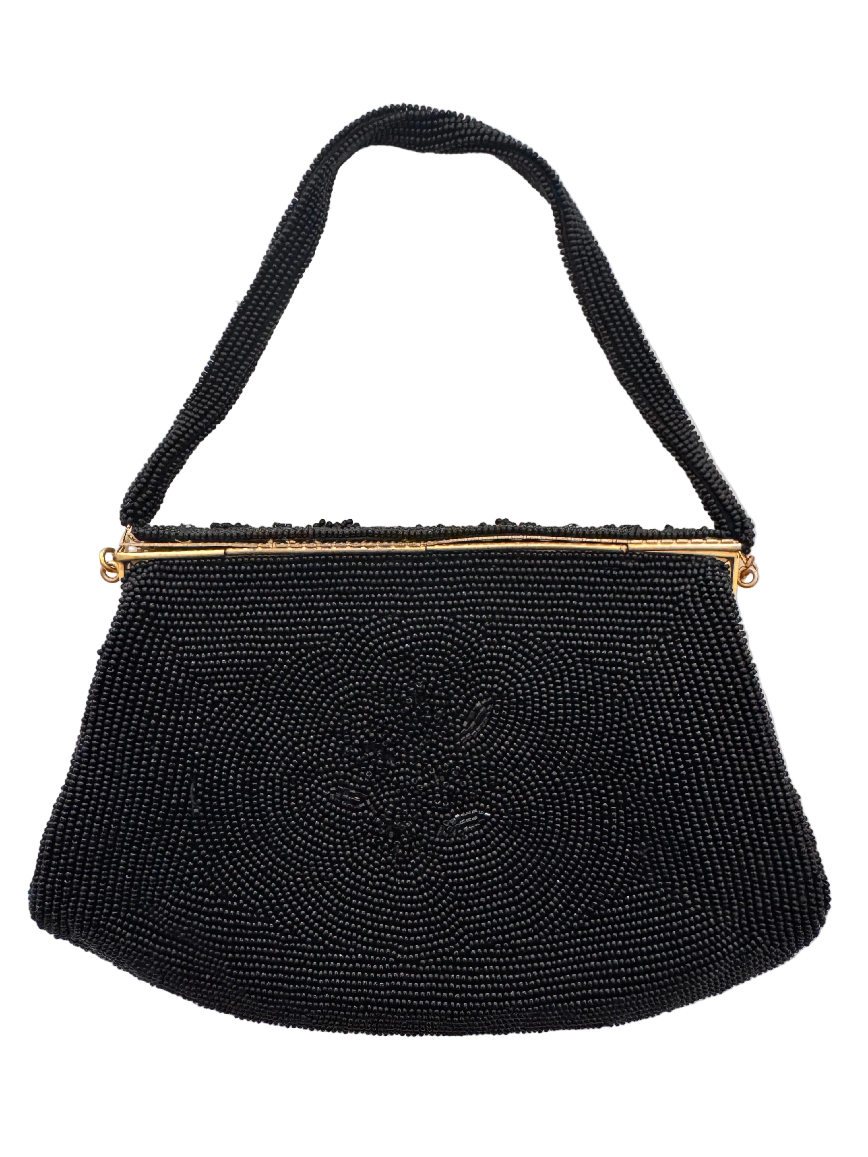 Vintage Jet Black Hand-Beaded Frame Purse