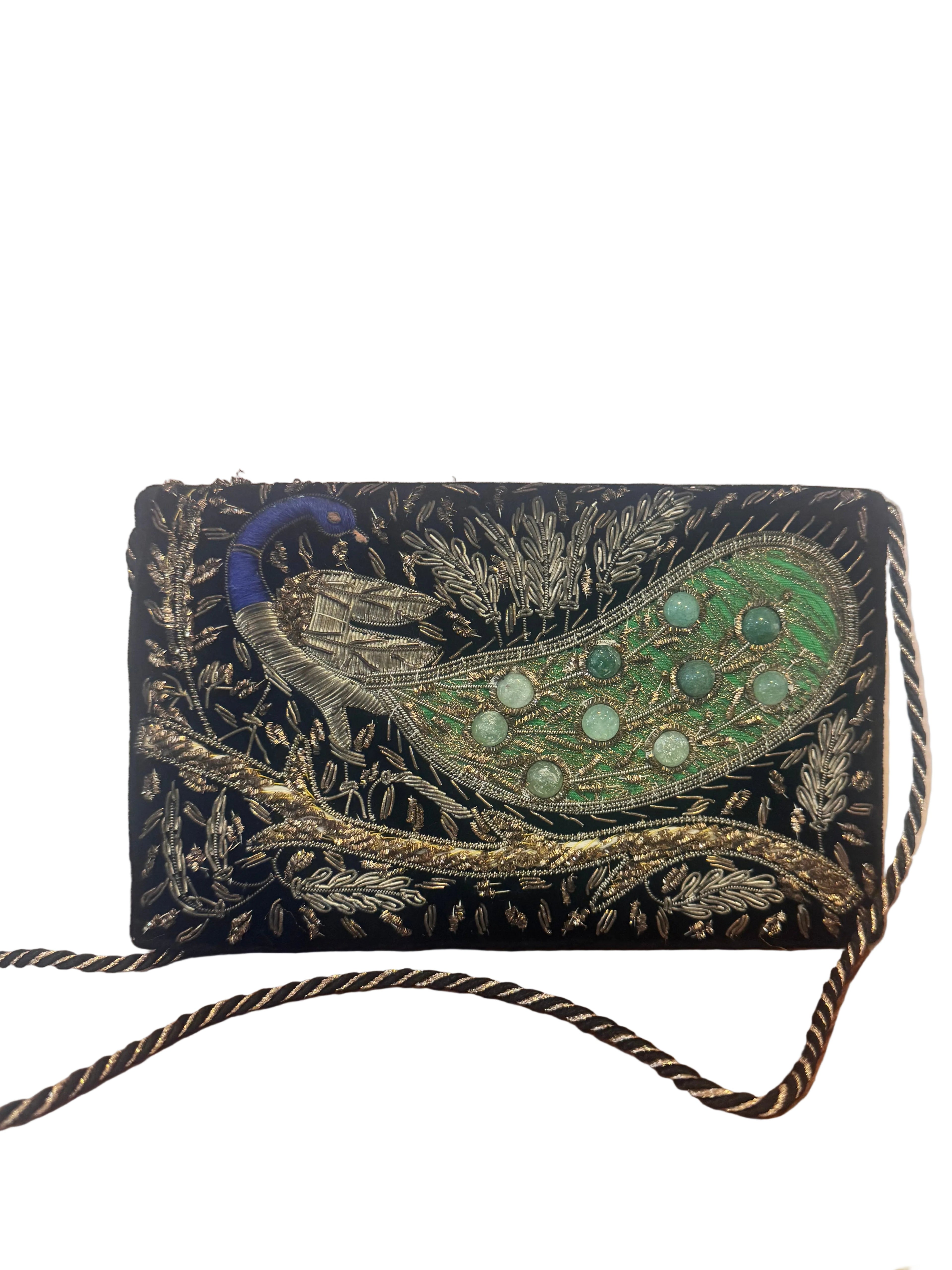 Vintage Embroidered Peacock Velvet Clutch