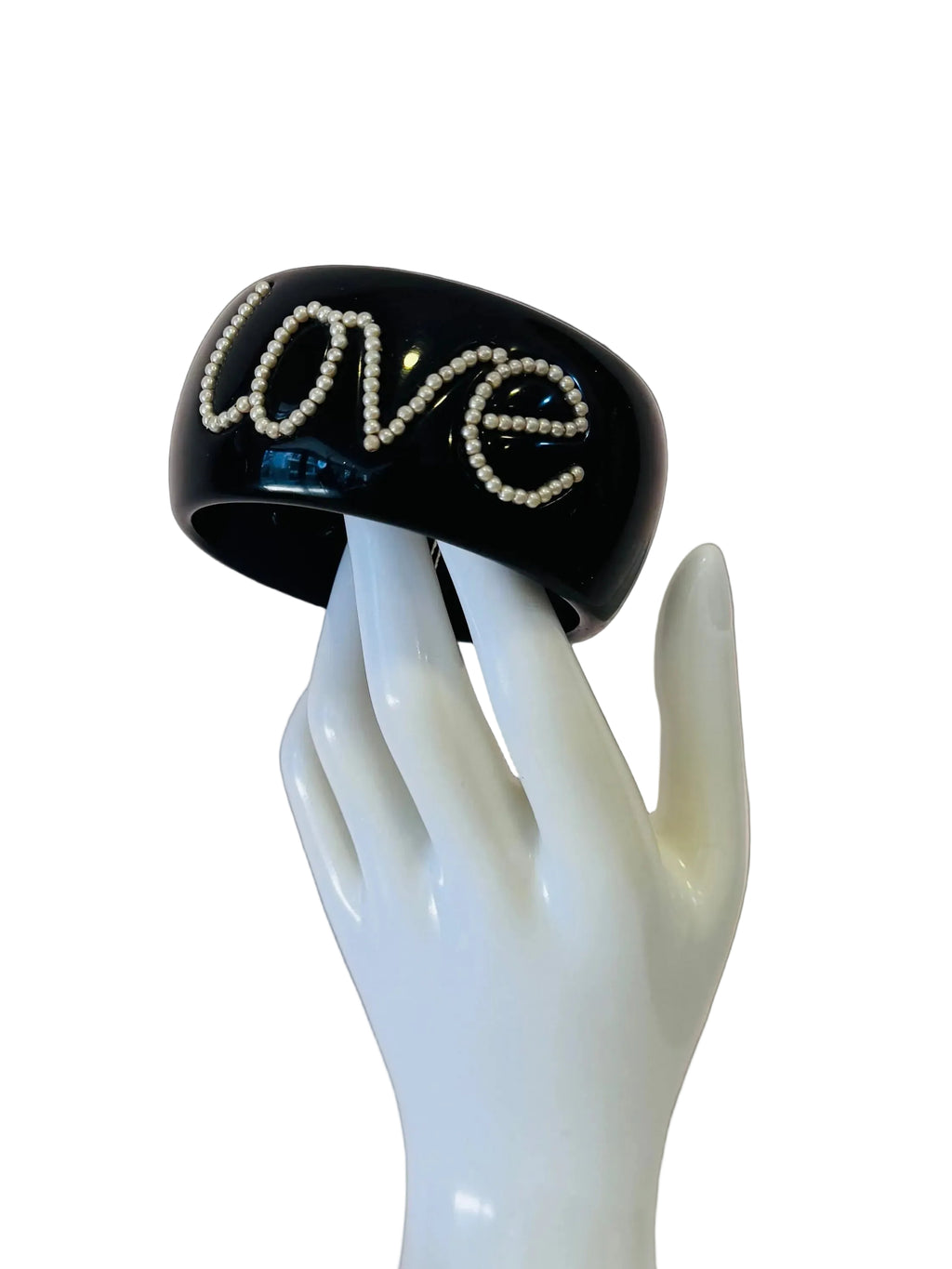 Vintage Pearl Script Love Black Resin Statement Bangle Bracelet