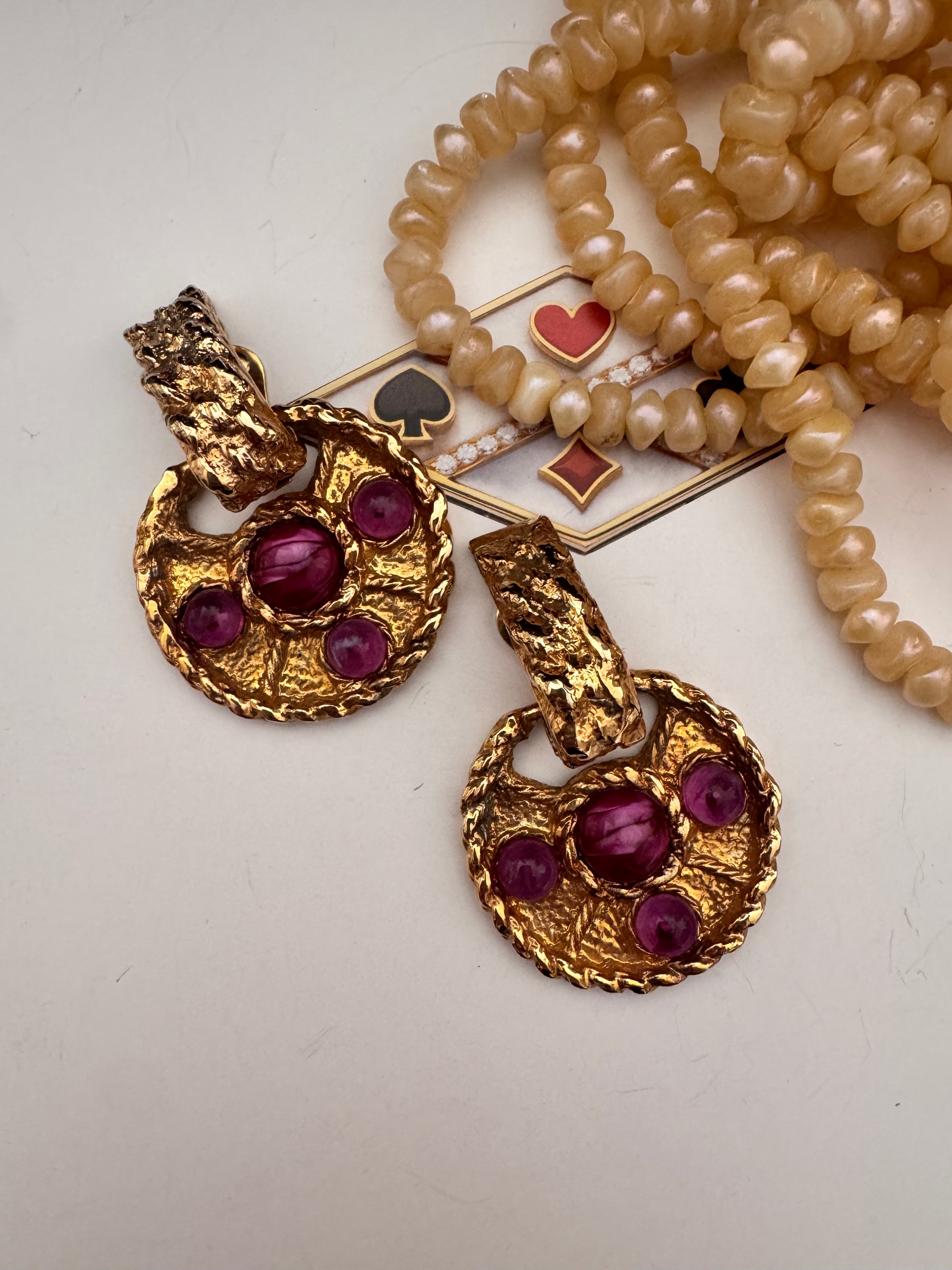 Vintage Brutalist Gold & Ruby Cabochon Door Knocker Earrings