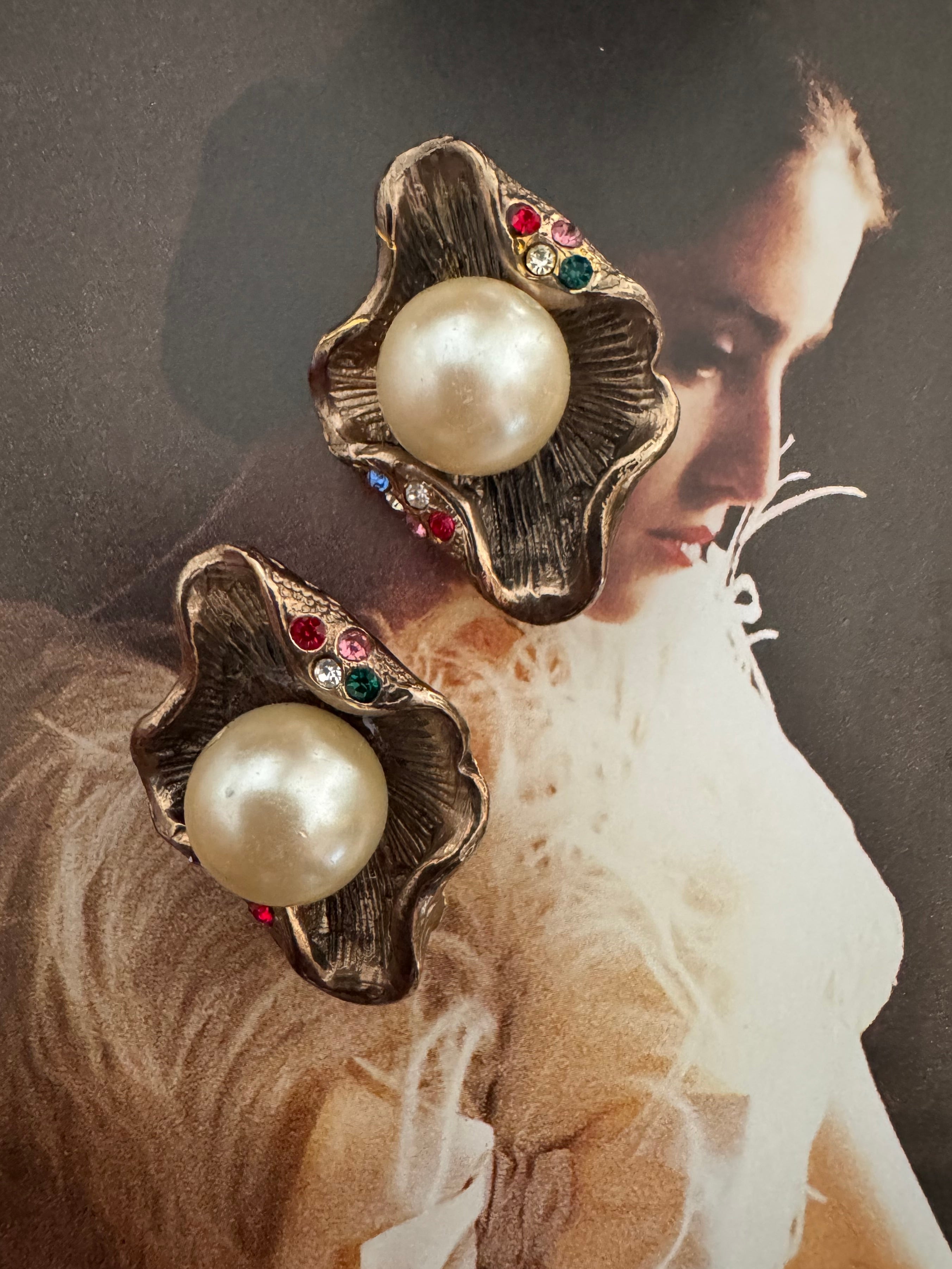 Vintage Baroque Pearl & Multicolor Crystal Sculptural Earrings