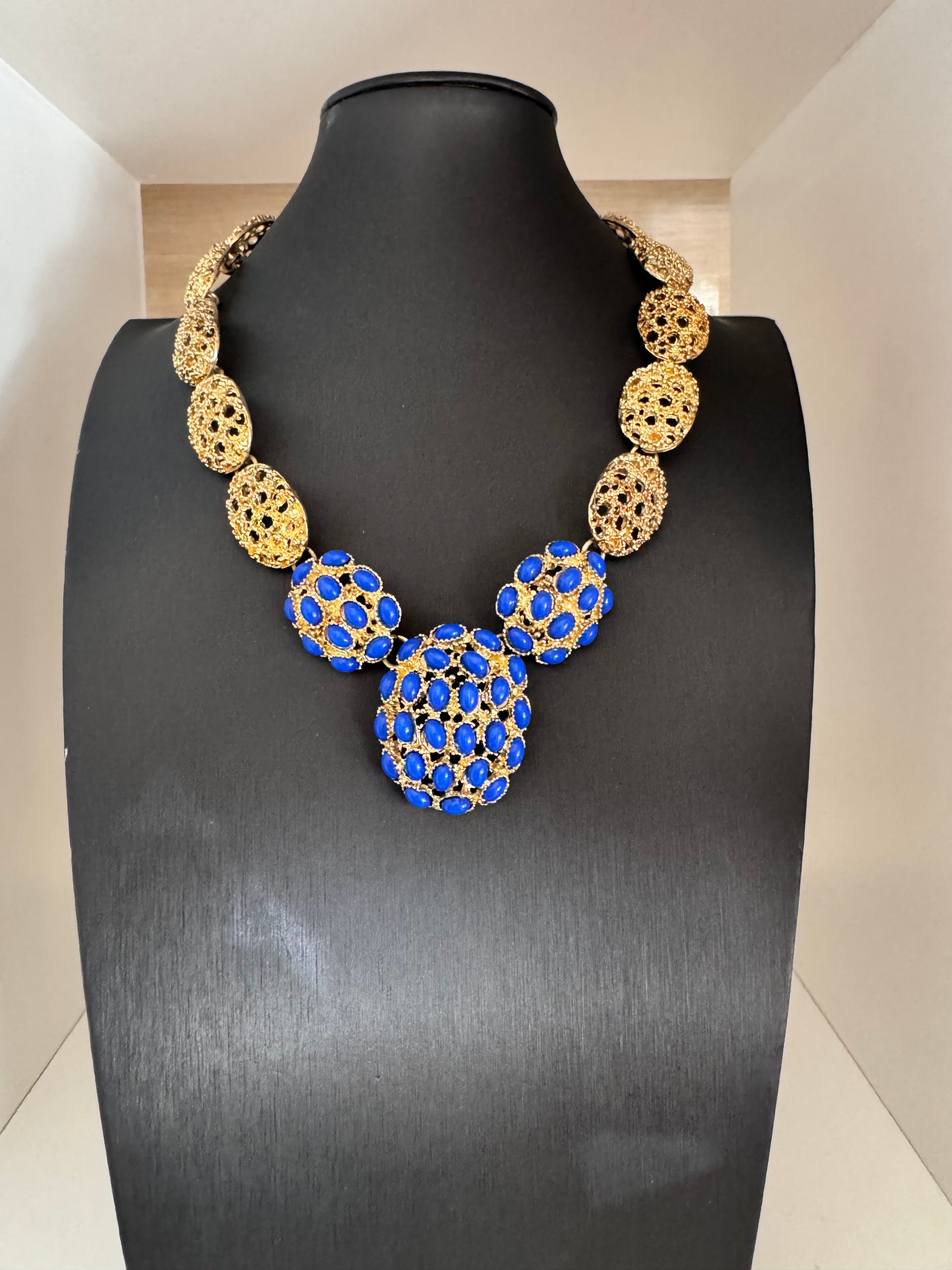 Vintage Blue Stone & Gold Tone Statement Necklace