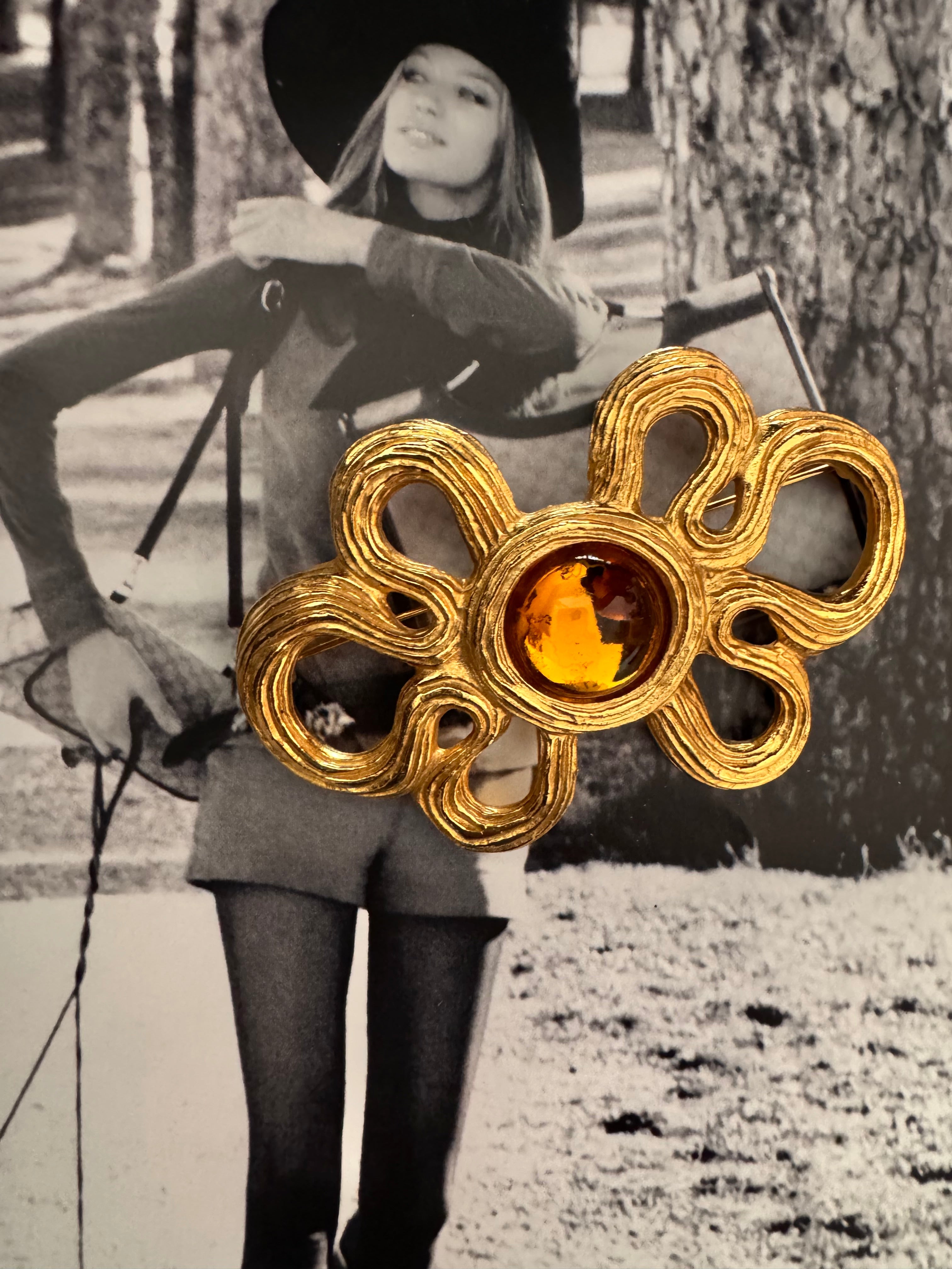 Vintage Givenchy Sculptural Amber Cabochon Brooch