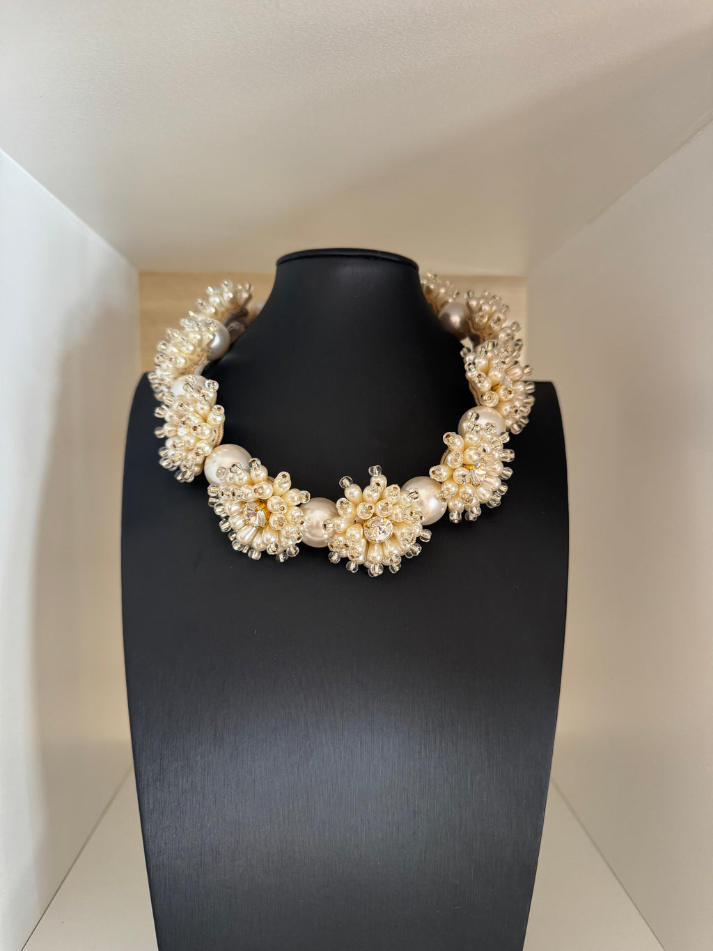 Vintage Vanina Signed Pearl and Crystal Floral Statement Necklace