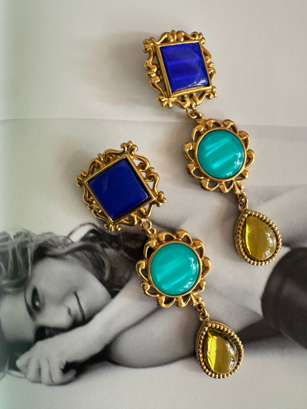 Vintage Yves Saint Laurent Multicolor Glass Drop Earrings Signed