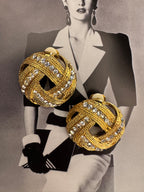 Vintage 1980s Ribbed Gold-Plated Rhinestone Studs