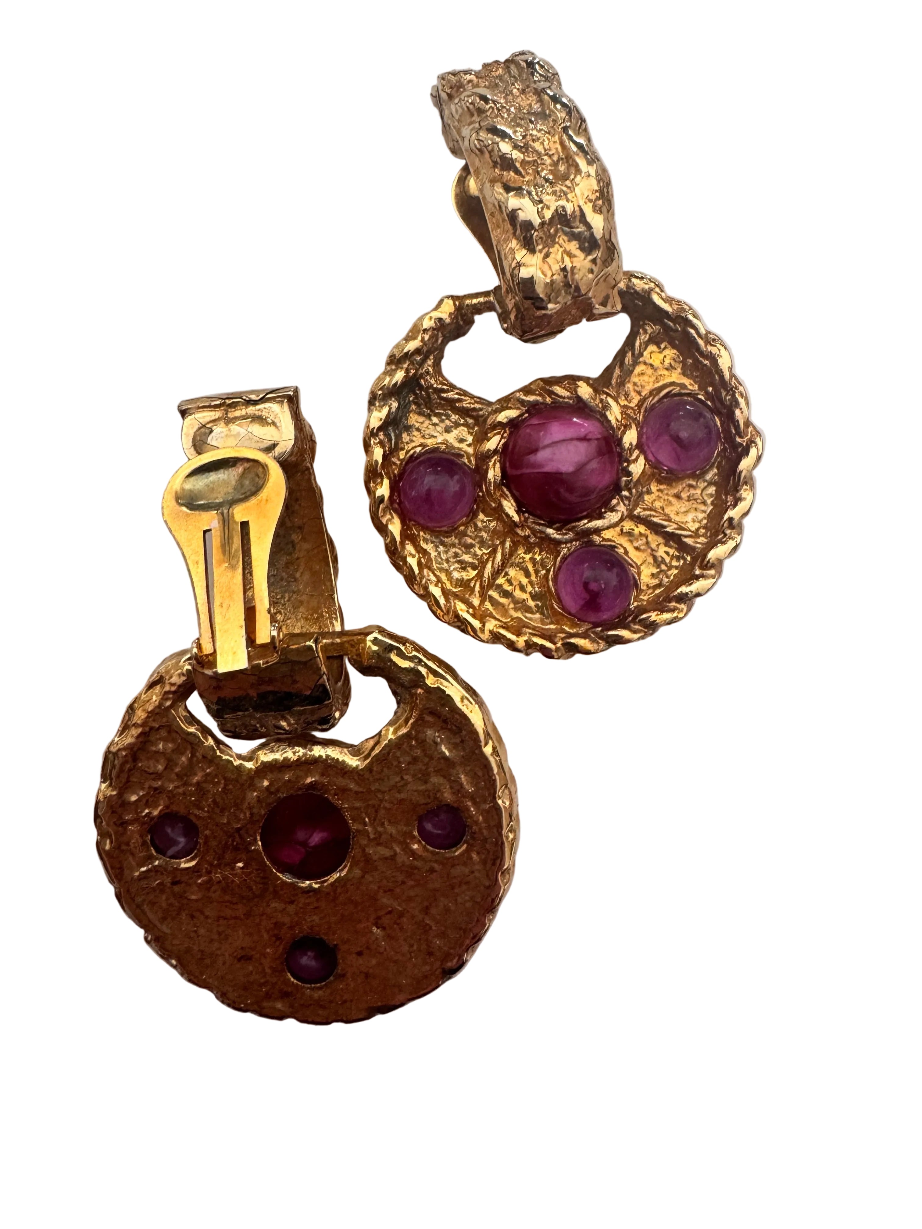 Vintage Brutalist Gold & Ruby Cabochon Door Knocker Earrings