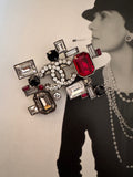 Chanel Vintage Rhinestone Geometric Black And Red Silver Tone Brooch