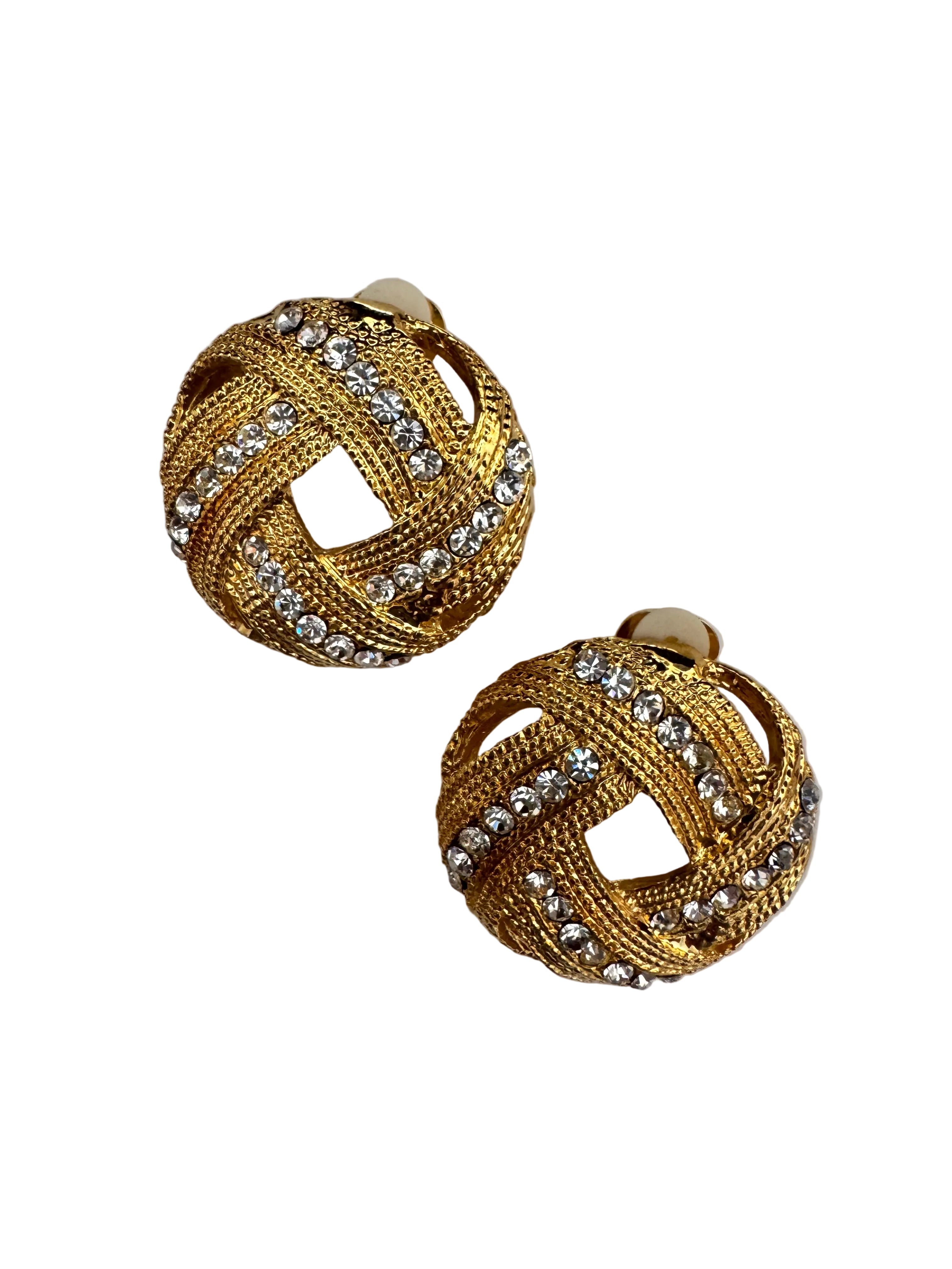 Vintage 1980s Ribbed Gold-Plated Rhinestone Studs