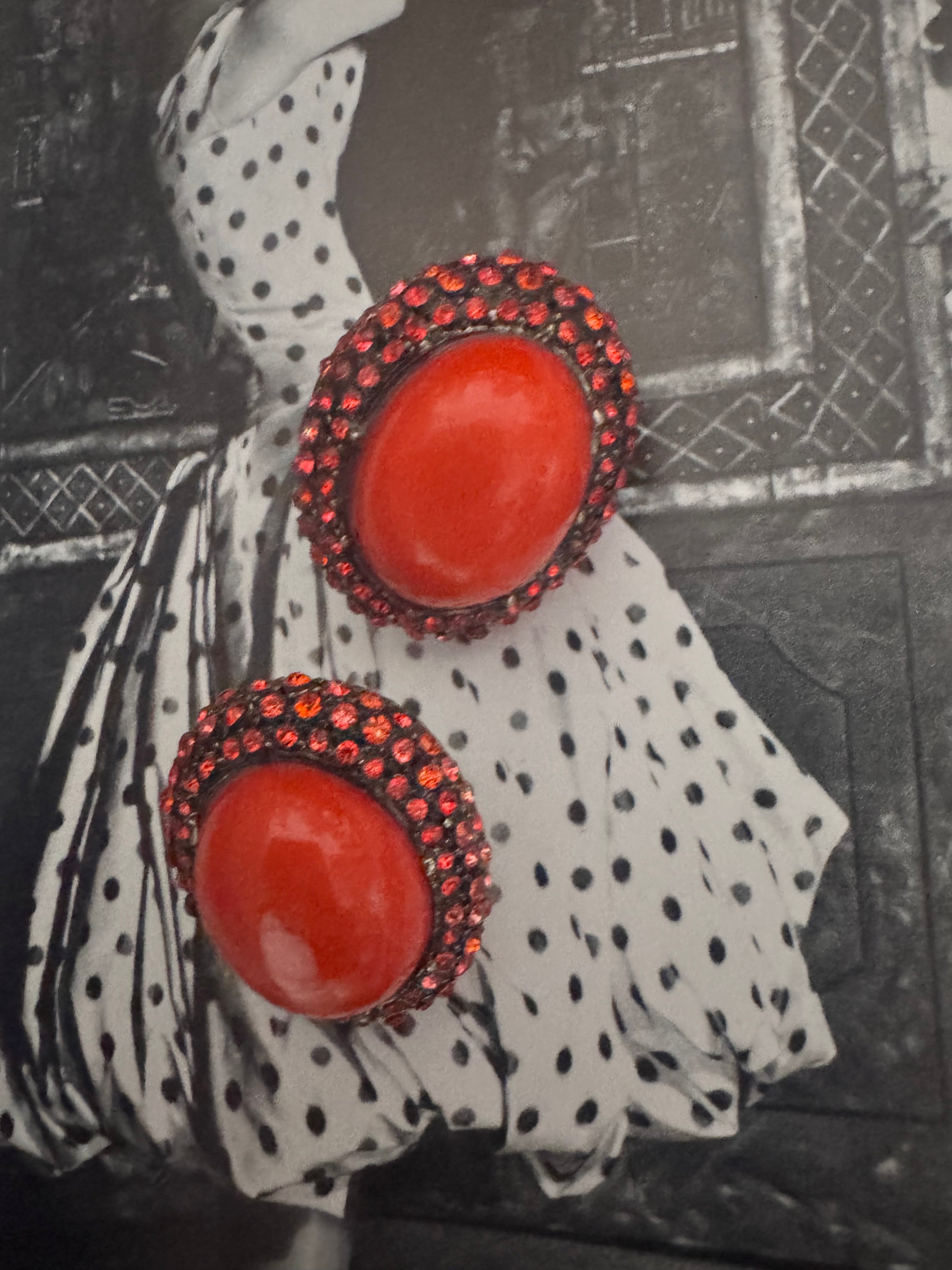 Vintage Coral Cabochon & Crystal Pavé Pin Earrings
