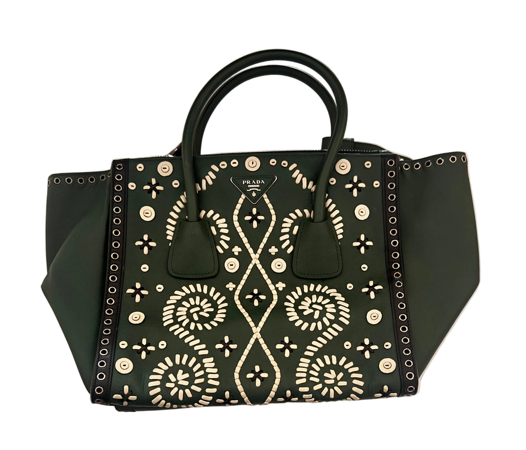 Prada Saffiano Leather Embroidered Twin Pocket Double Handle Tote Bag