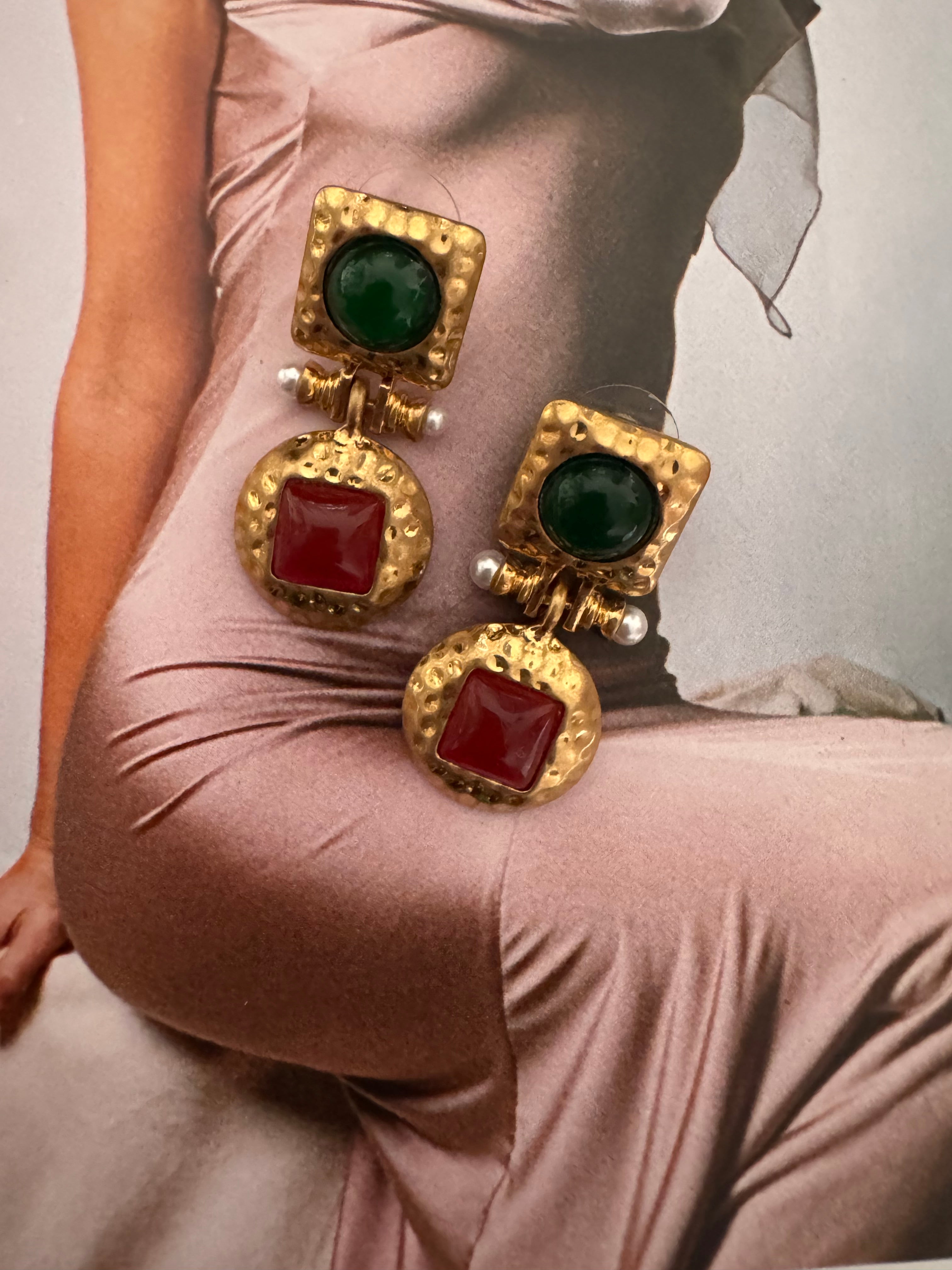 Vintage Byzantine Revival Cabochon Drop Earrings