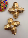Vintage Hollywood Regency Matte Gold Floral Faux Pearl Clip-On Earrings