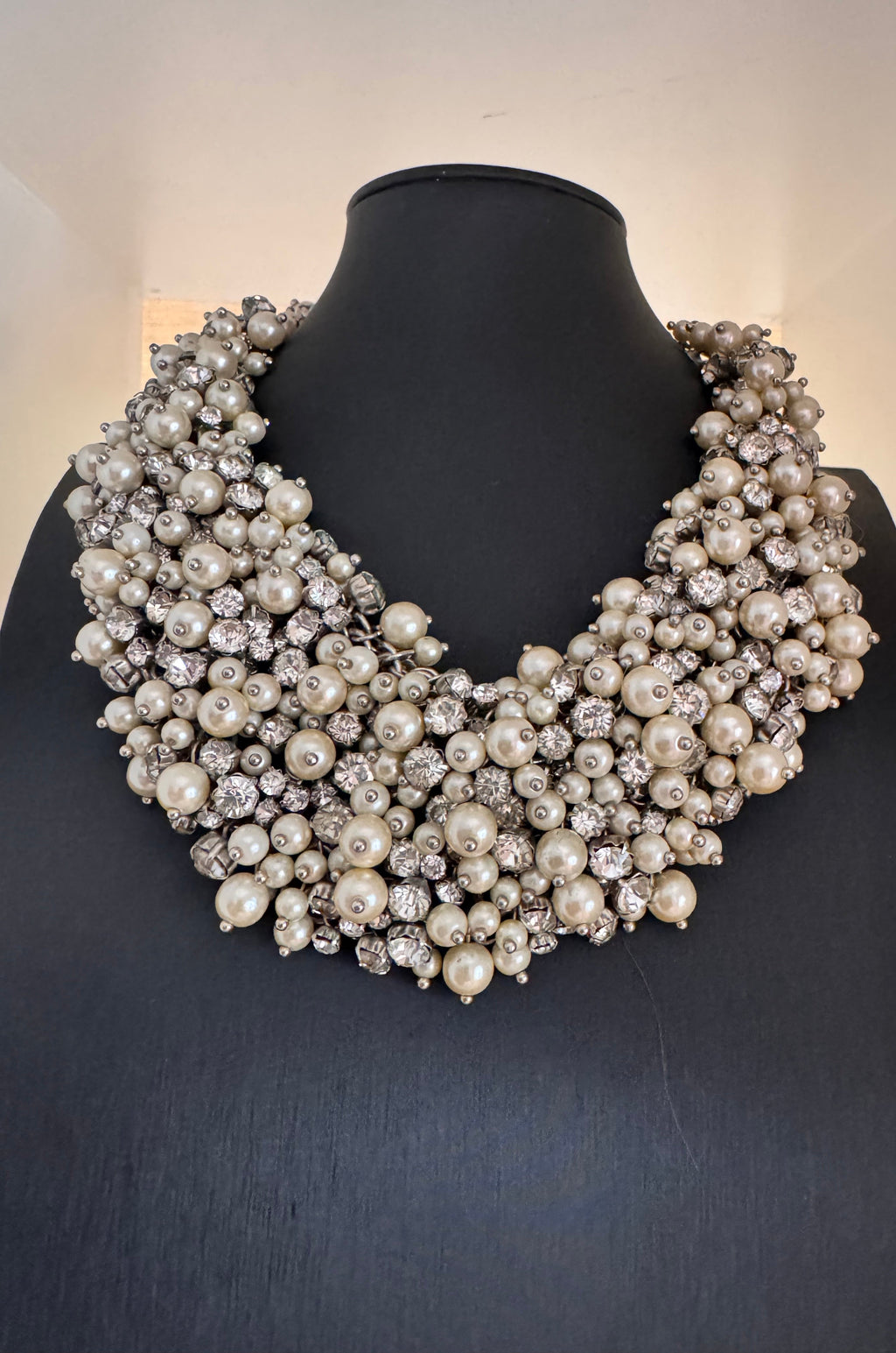 Vintage Faux Pearl and Rhinestone Clusters Bib Necklace
