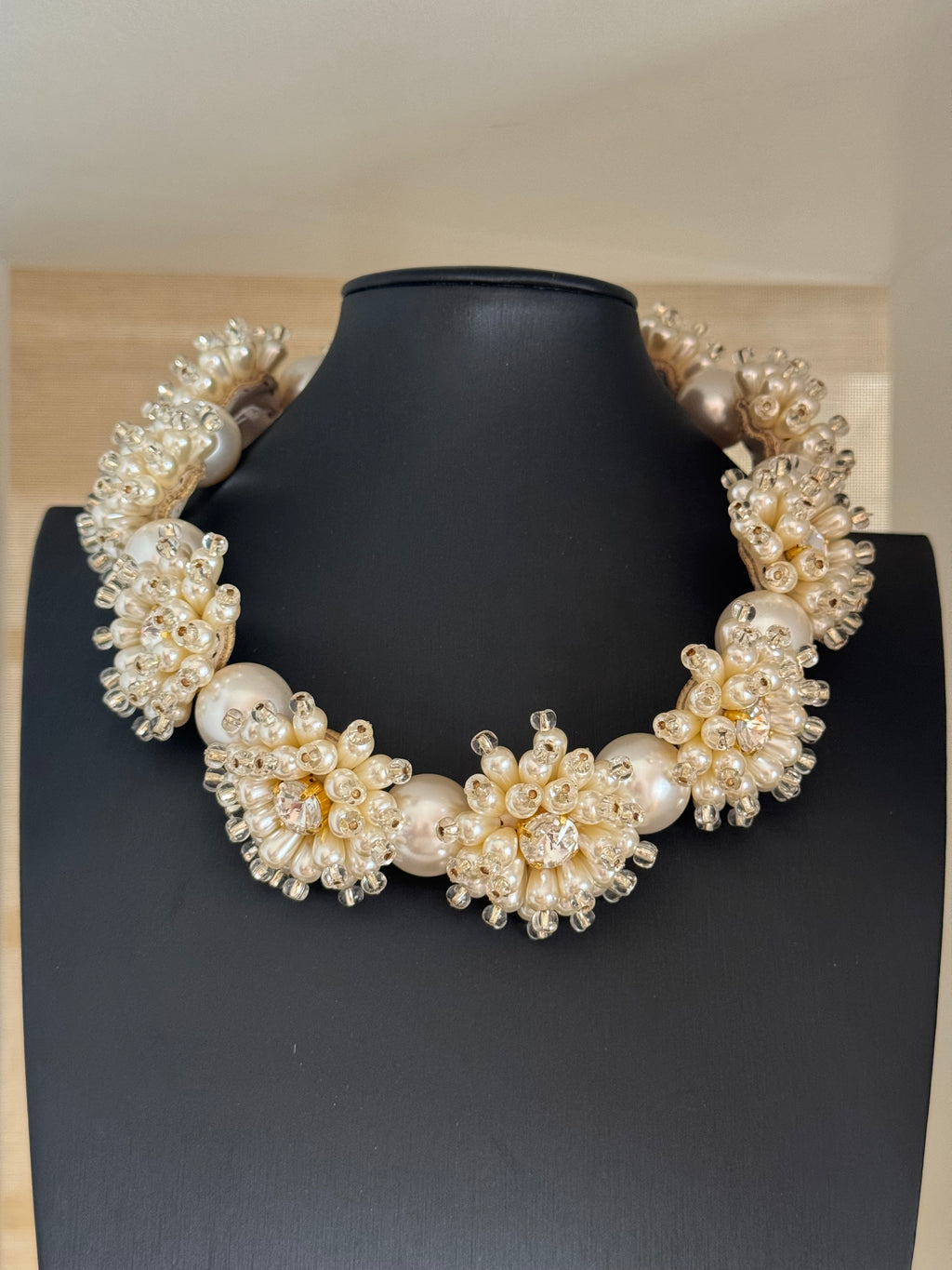 Vintage Vanina Signed Pearl and Crystal Floral Statement Necklace