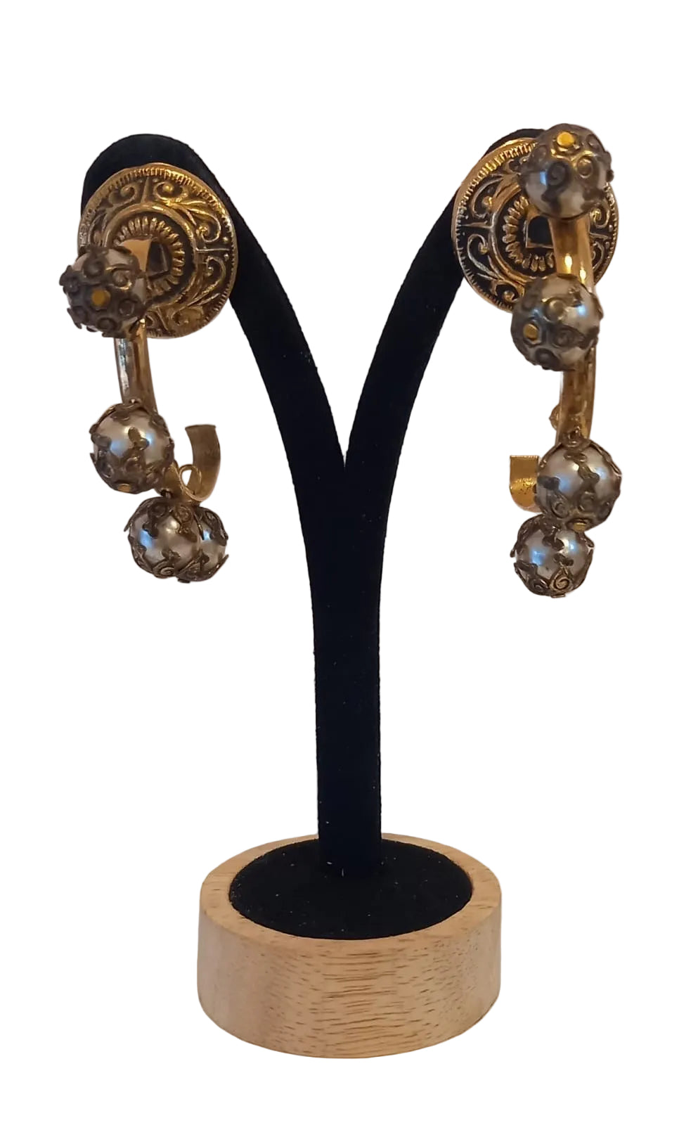 Vintage Etruscan Revival Drop Earrings – Sculptural Bead Design