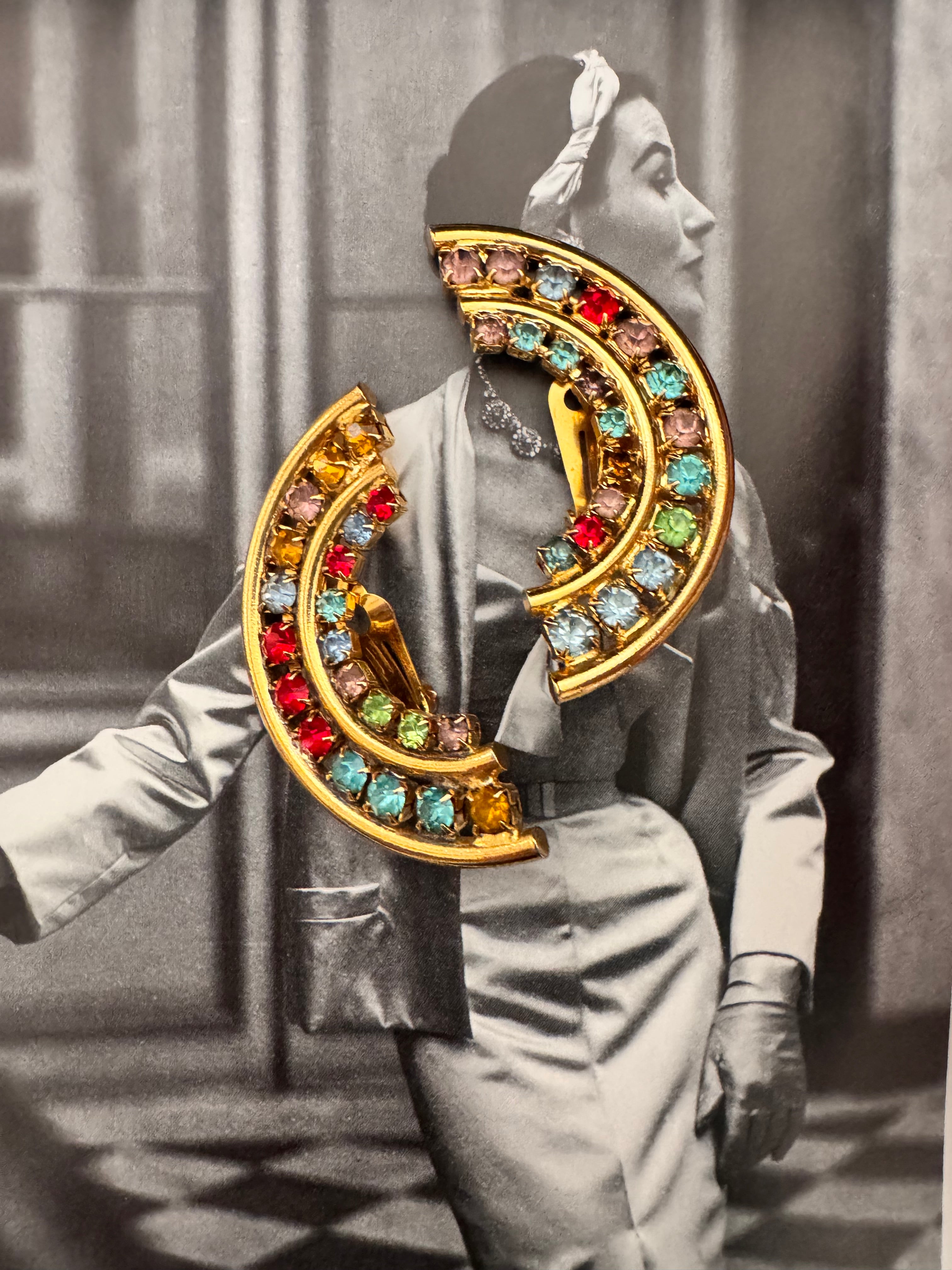 Vintage Multicolor Crescent Rhinestone Earrings