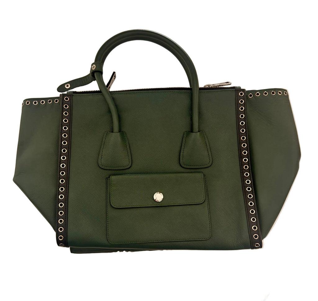 Prada Saffiano Leather Embroidered Twin Pocket Double Handle Tote Bag