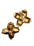 Vintage Hollywood Regency Matte Gold Floral Faux Pearl Clip-On Earrings