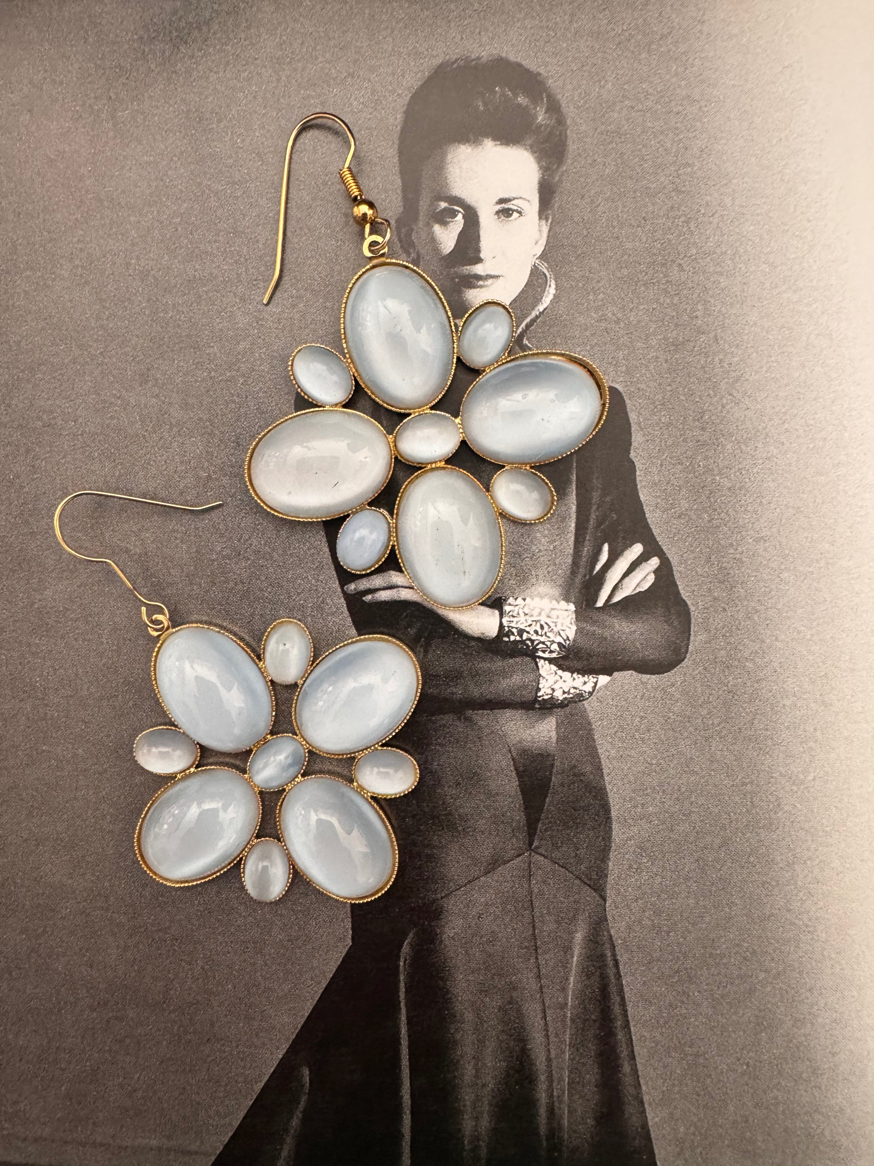 Vintage Floral Cluster Cabochon Drop Earrings