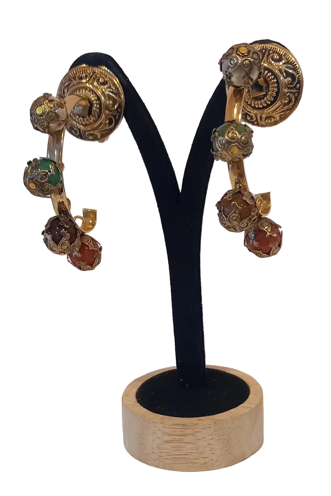 Vintage Etruscan Revival Drop Earrings with Colored Cabochons