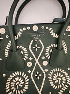 Prada Saffiano Leather Embroidered Twin Pocket Double Handle Tote Bag