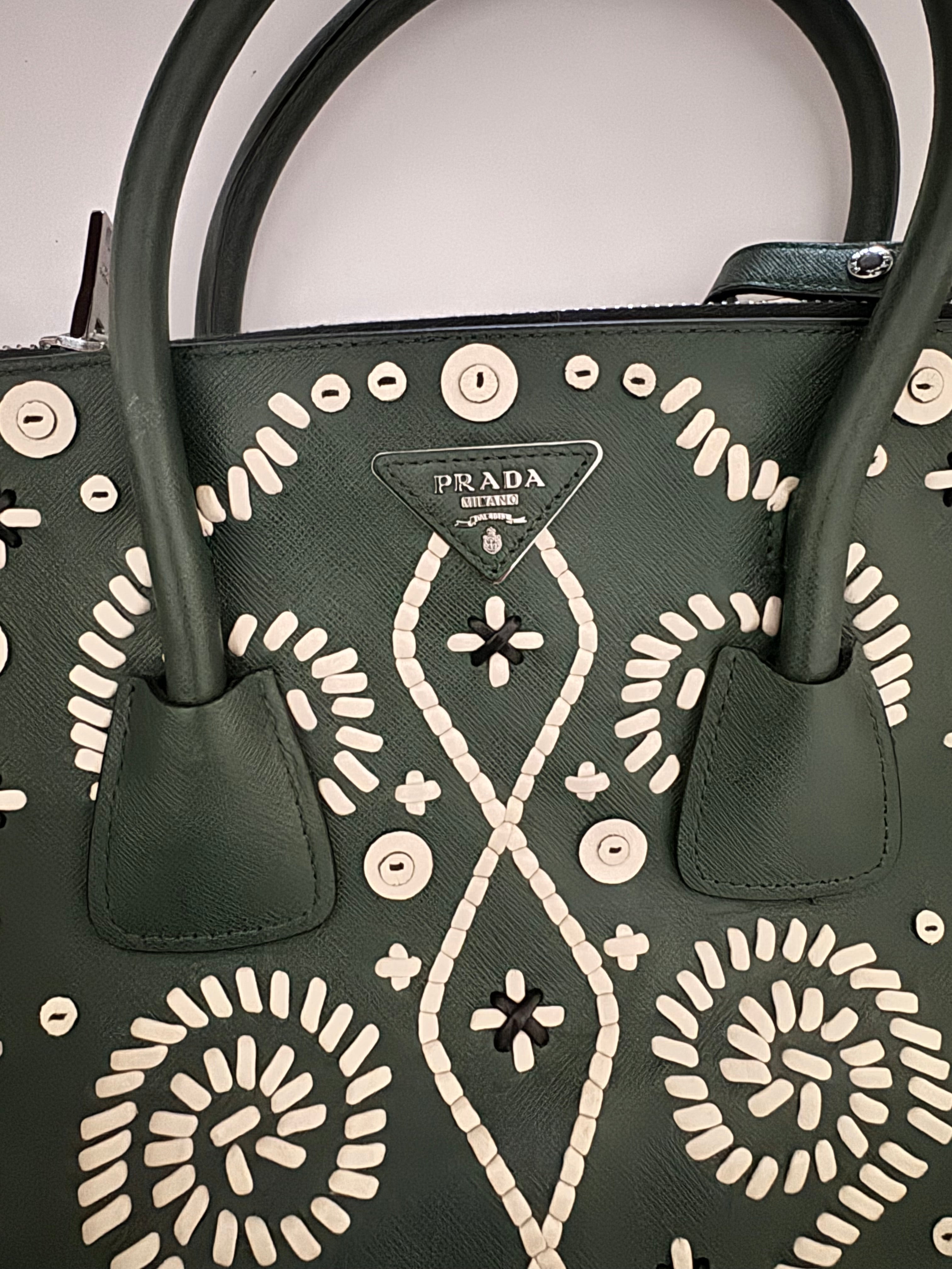 Prada Saffiano Leather Embroidered Twin Pocket Double Handle Tote Bag
