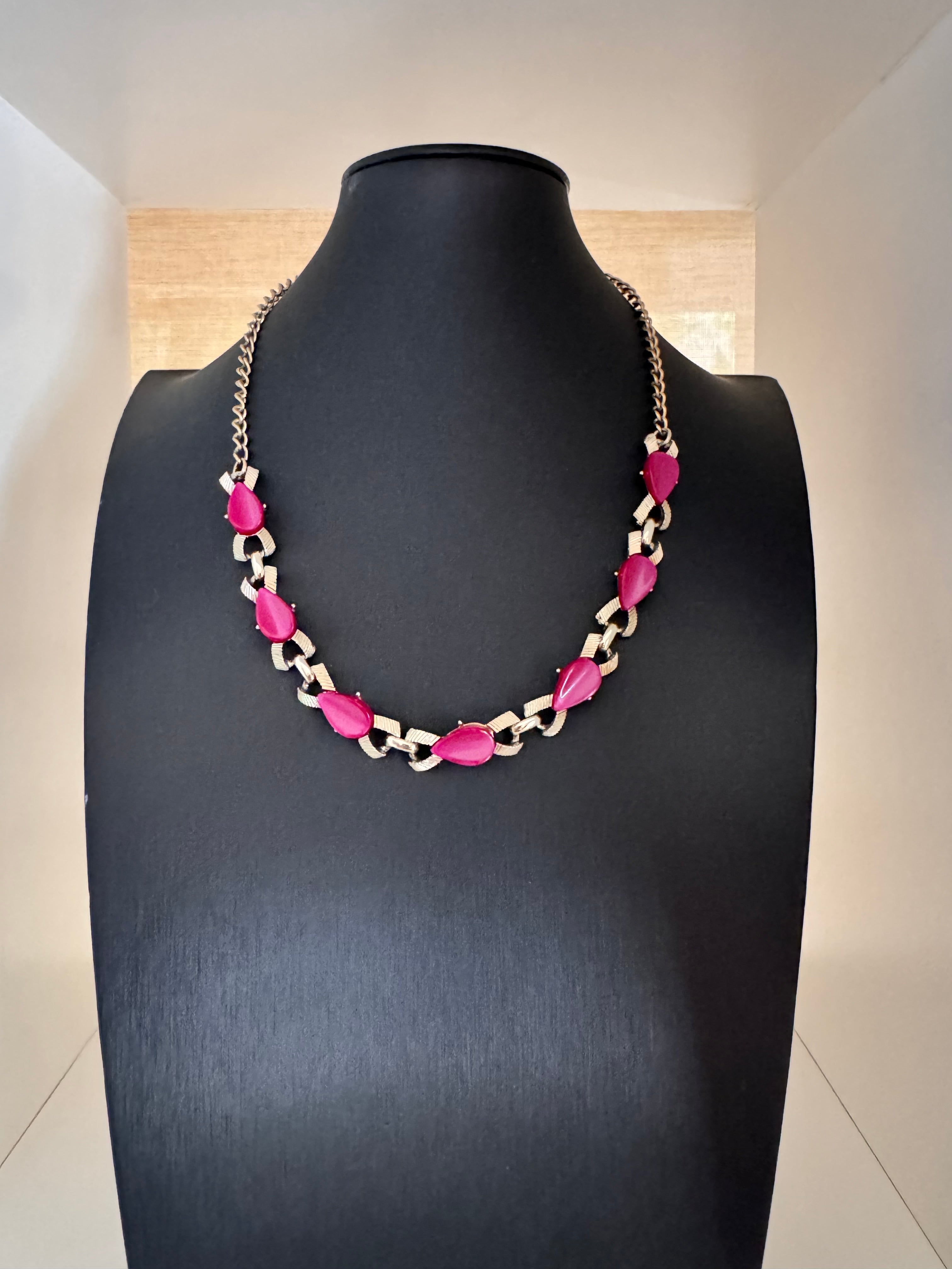 Vintage Pink Stone Link Chain Necklace