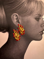 Vintage Gold Plated Red Glass Leaf Statement Earrings