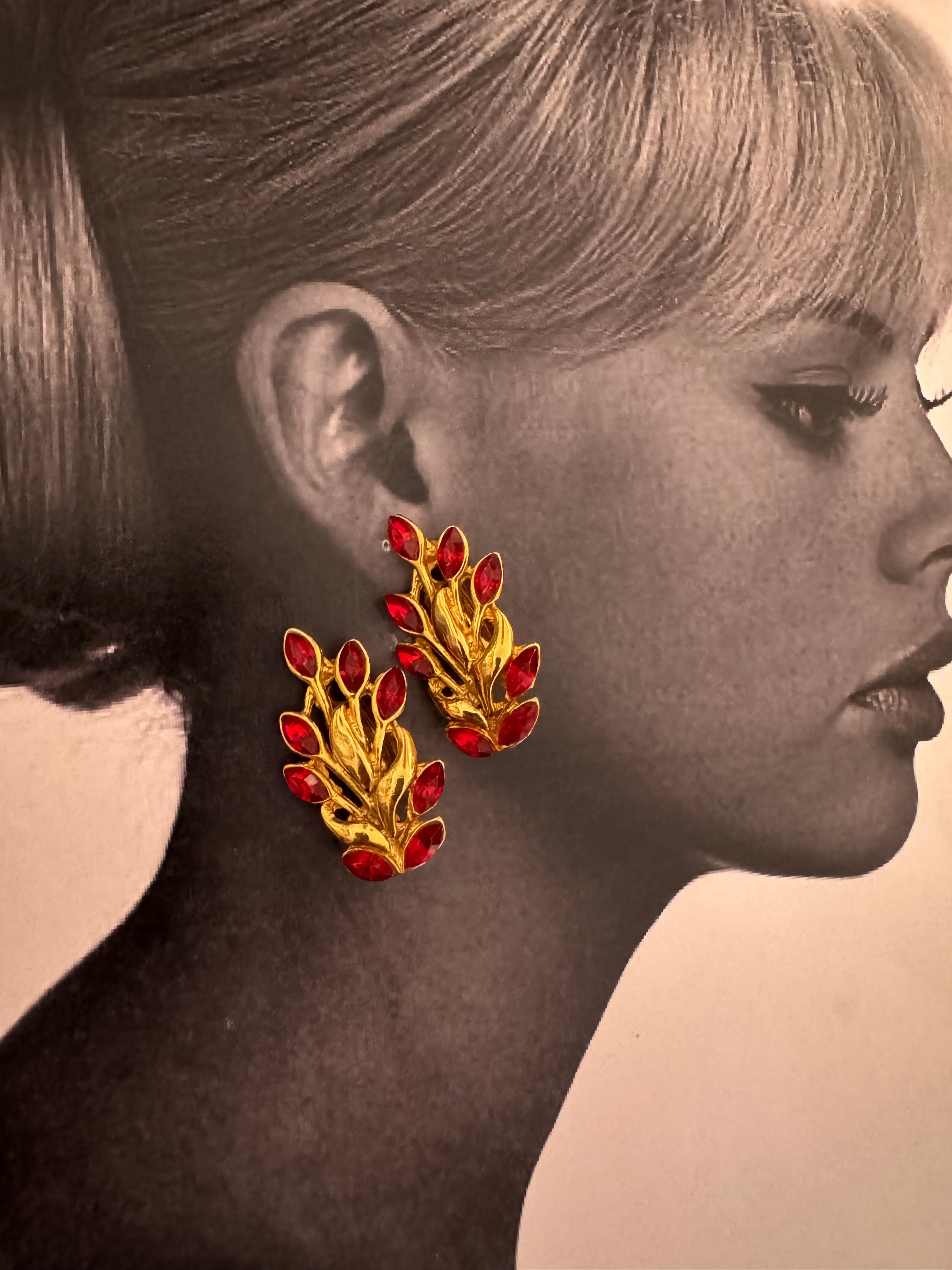 Vintage Gold Plated Red Glass Leaf Statement Earrings