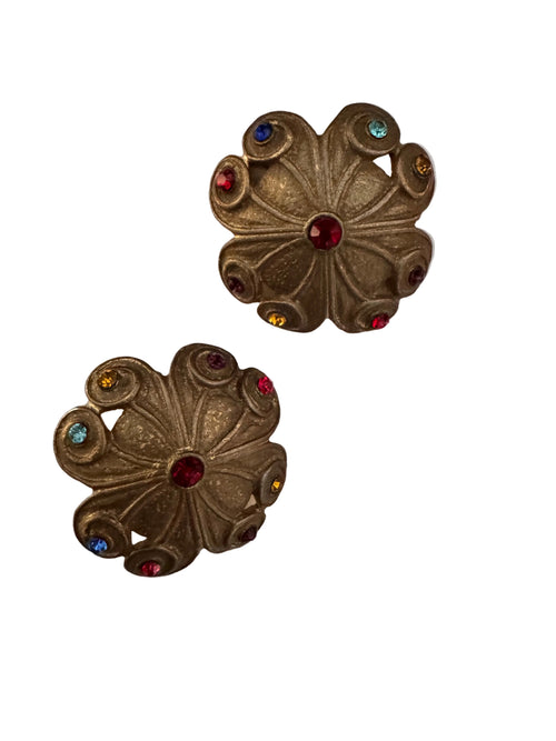 Vintage 1980s Byzantine Multi-Gemstone Scalloped Clips