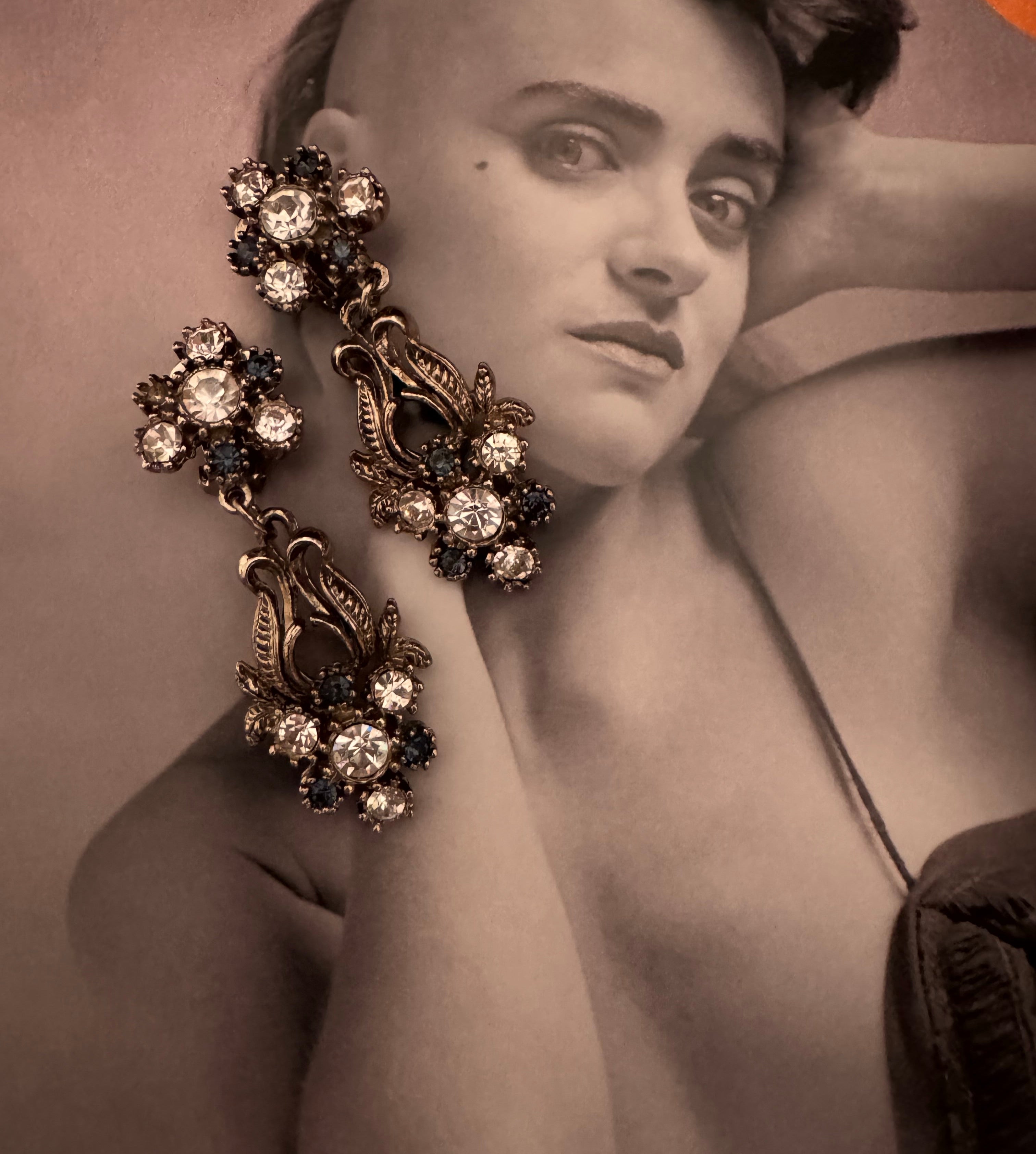 Vintage Rhinestone Floral Drop Earrings