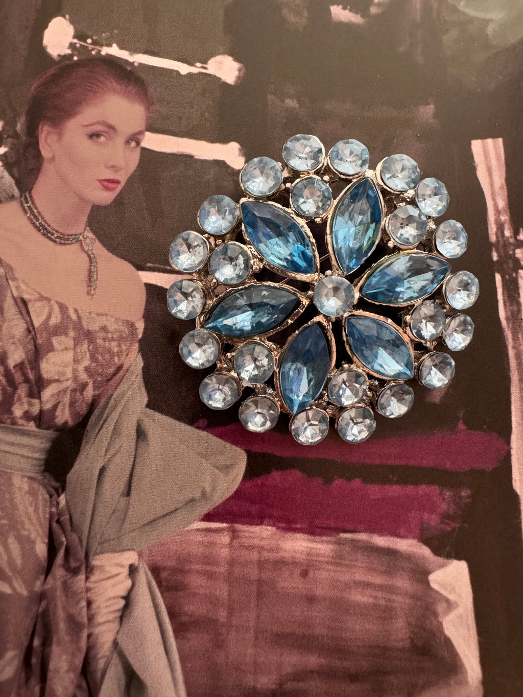 Vintage Blue Rhinestone Floral Brooch