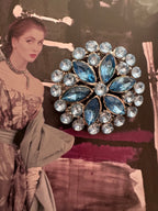 Vintage Blue Rhinestone Floral Brooch