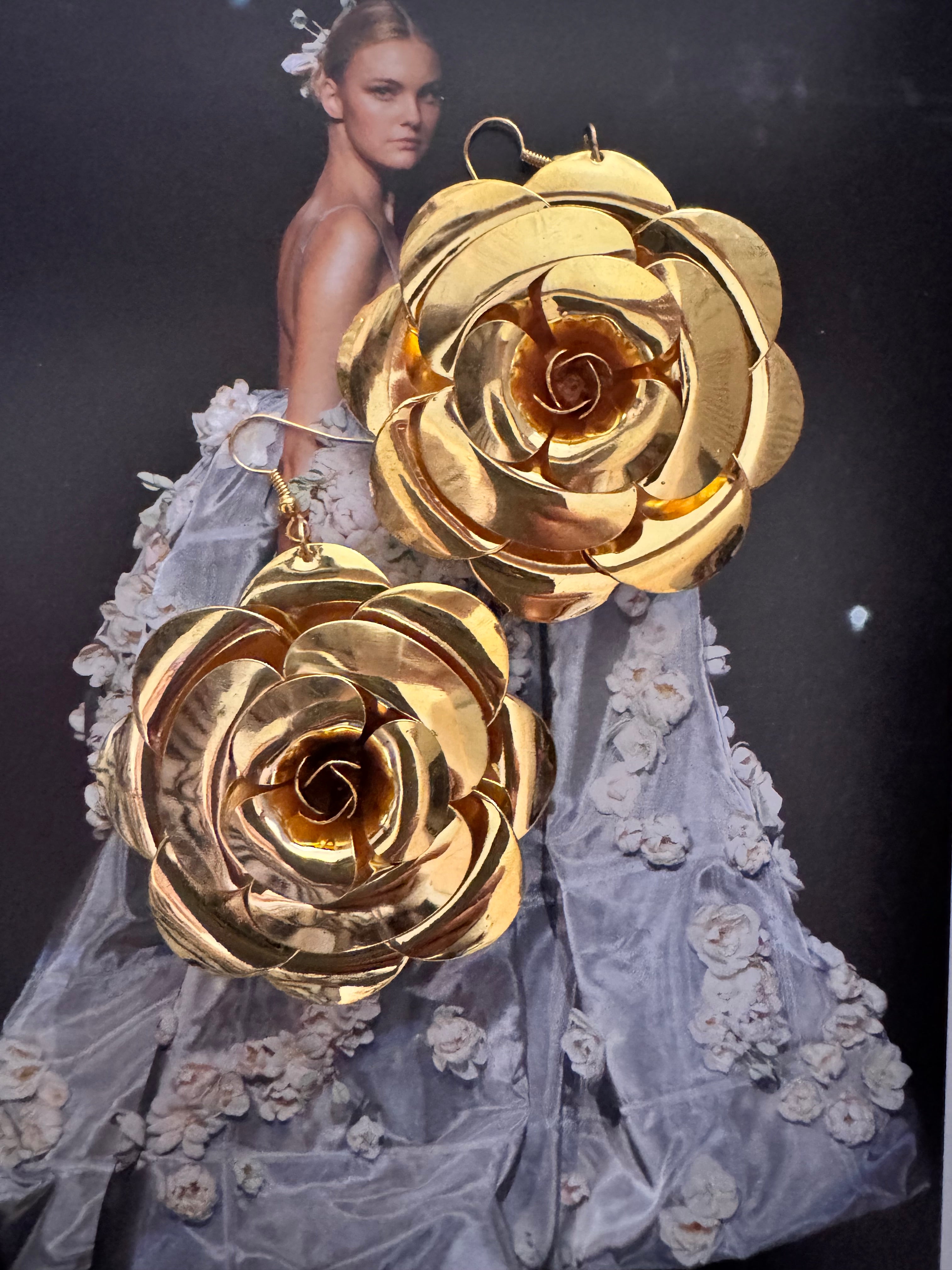 Vintage Oversized Gold Tone Floral Statement Earrings