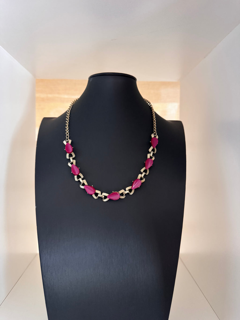 Vintage Pink Stone Link Chain Necklace