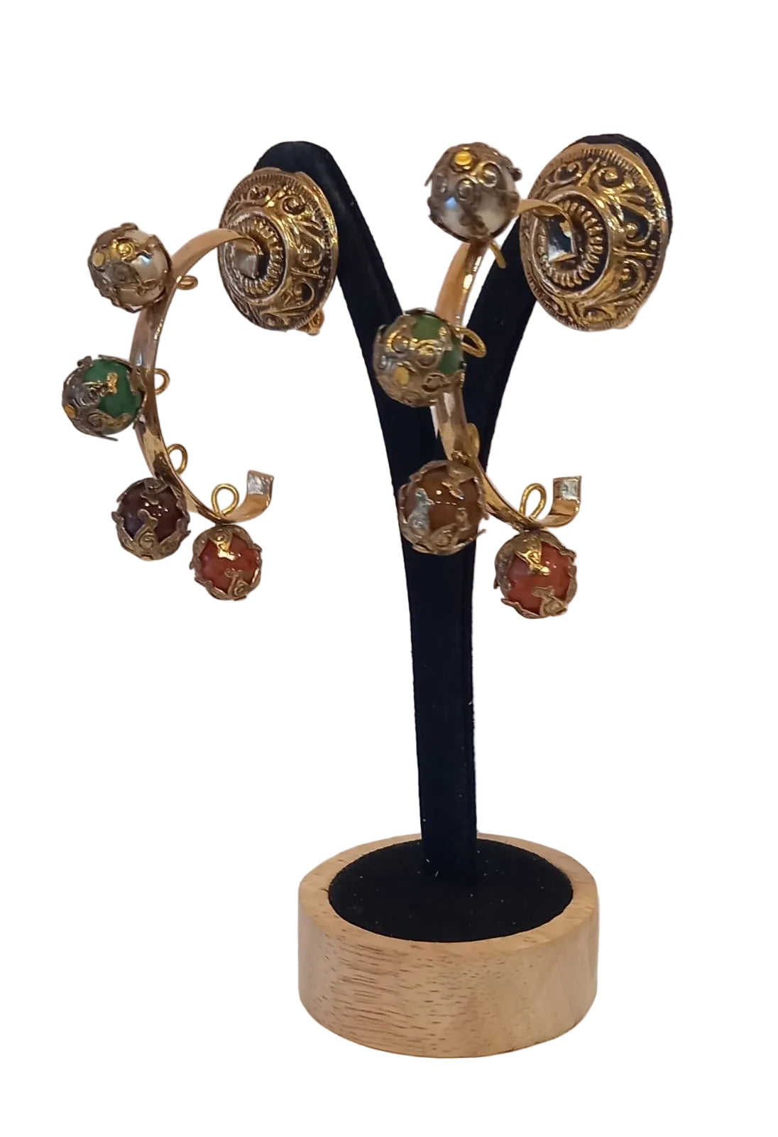 Vintage Etruscan Revival Drop Earrings with Colored Cabochons