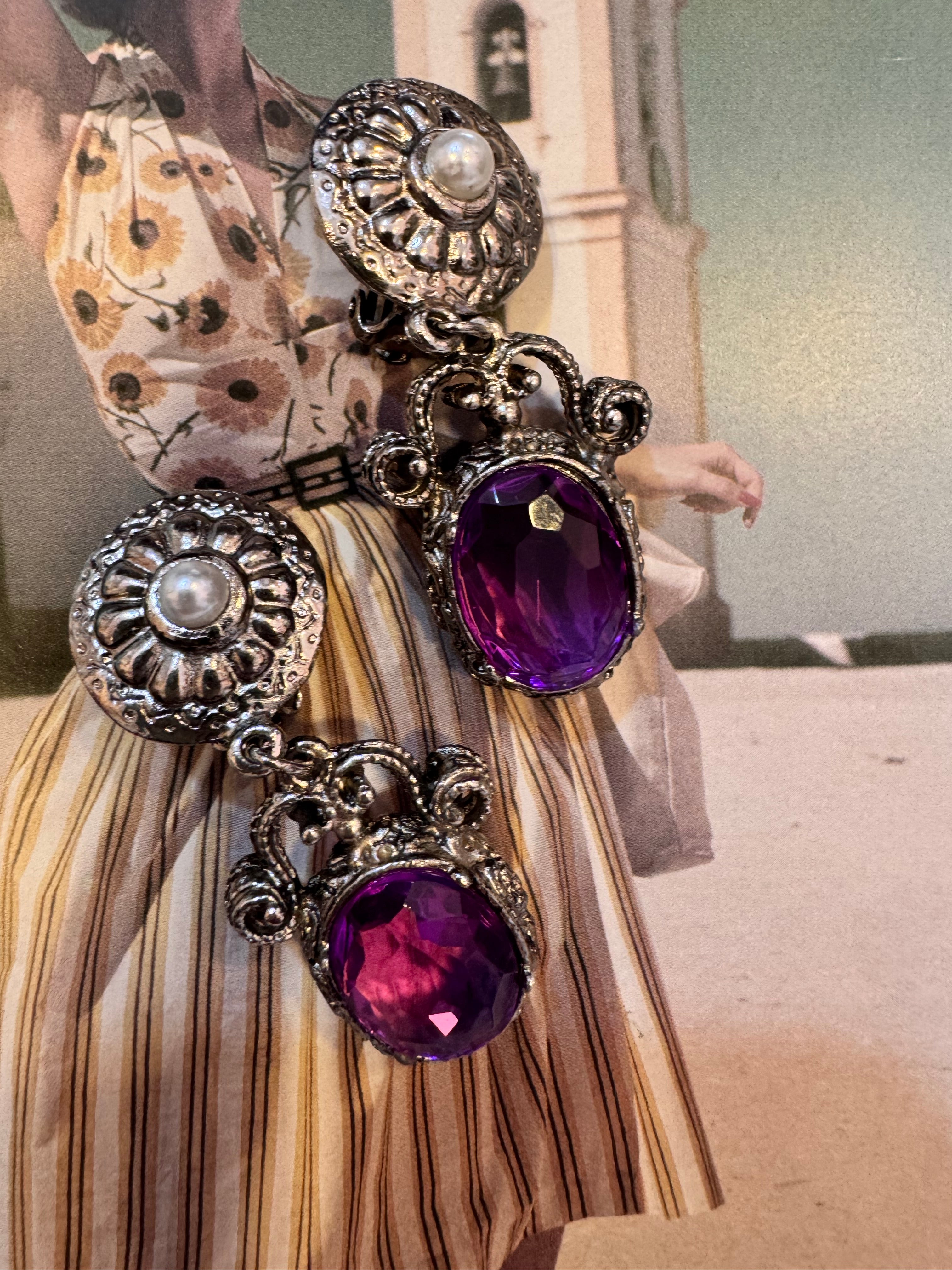 Vintage Gothic-Victorian Revival Silver & Amethyst Drop Clip-On Earrings