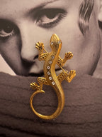 Vintage Gold Plated Lizard Rhinestone Brooch