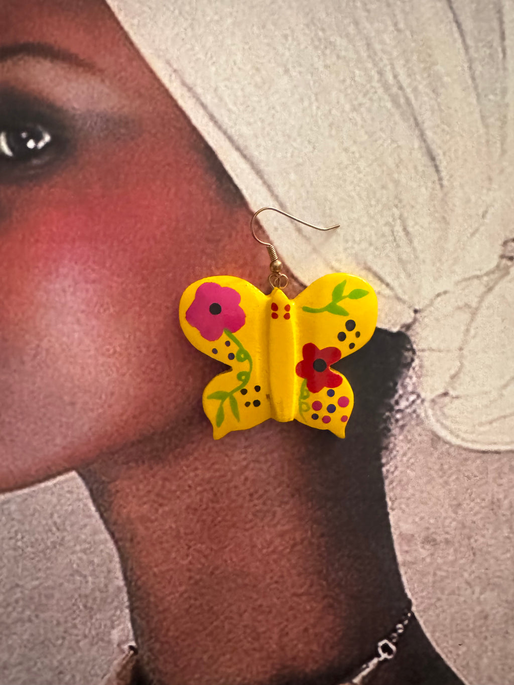 Vintage Folk Art Hand-Painted Wooden Butterfly Earrings