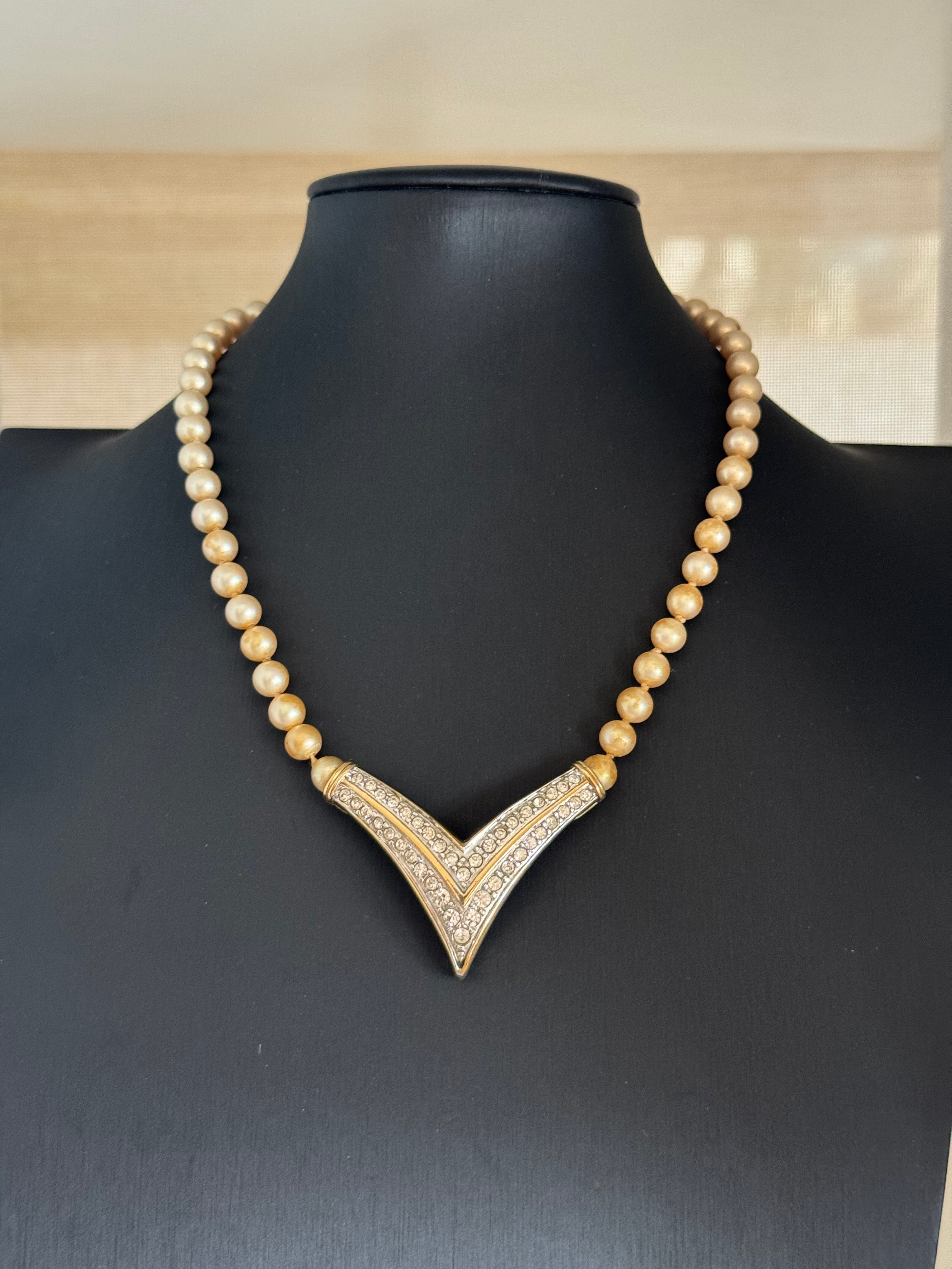 Vintage Faux Pearl Chevron Rhinestone Necklace
