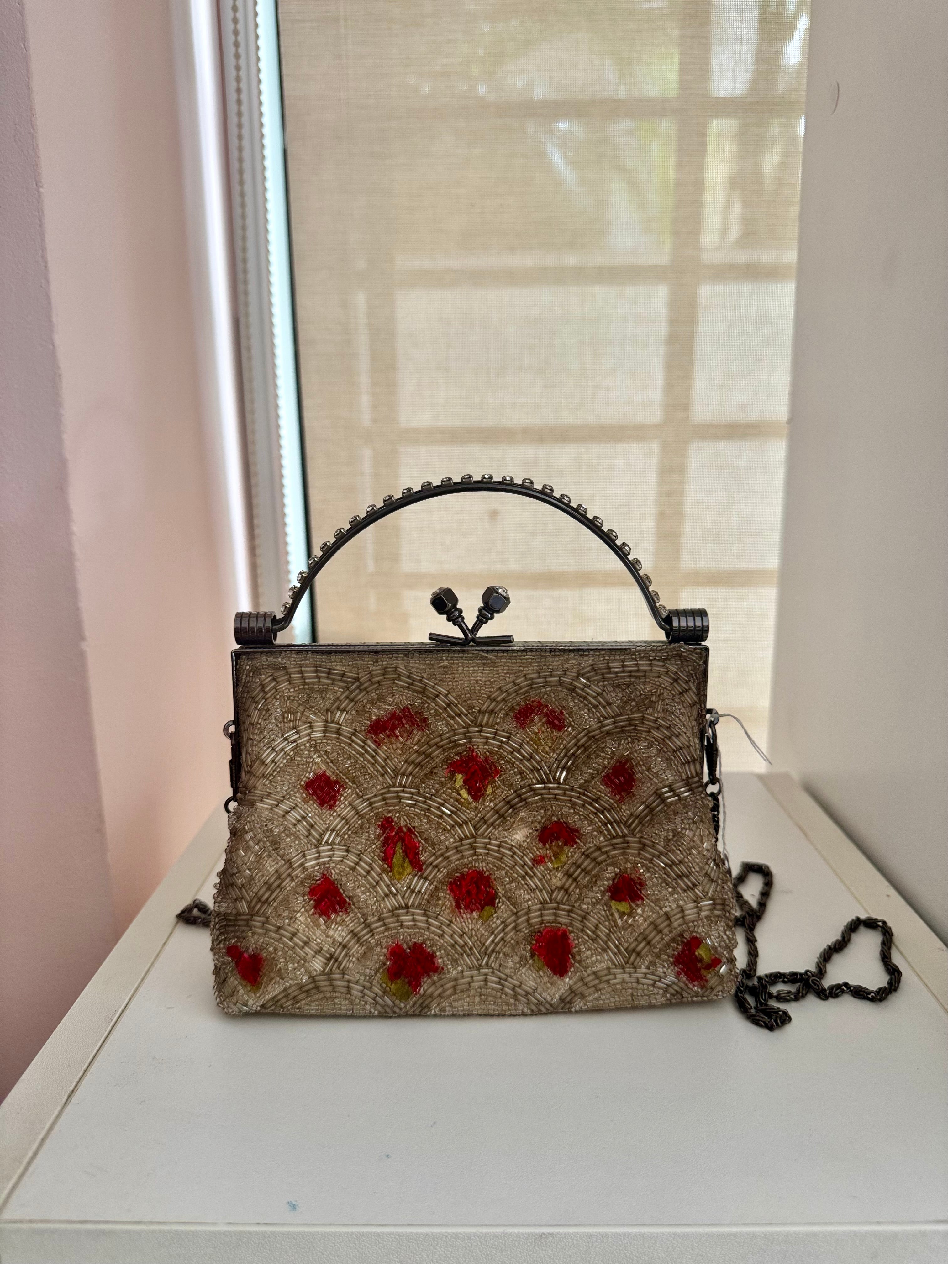 Vintage Beaded Art Deco Style Evening Bag with Rhinestone Handle