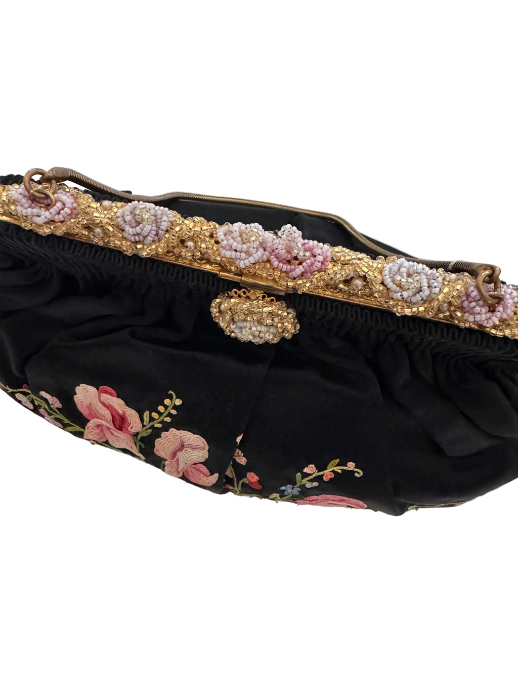 Vintage French Silk Satin Embroidered Evening Bag