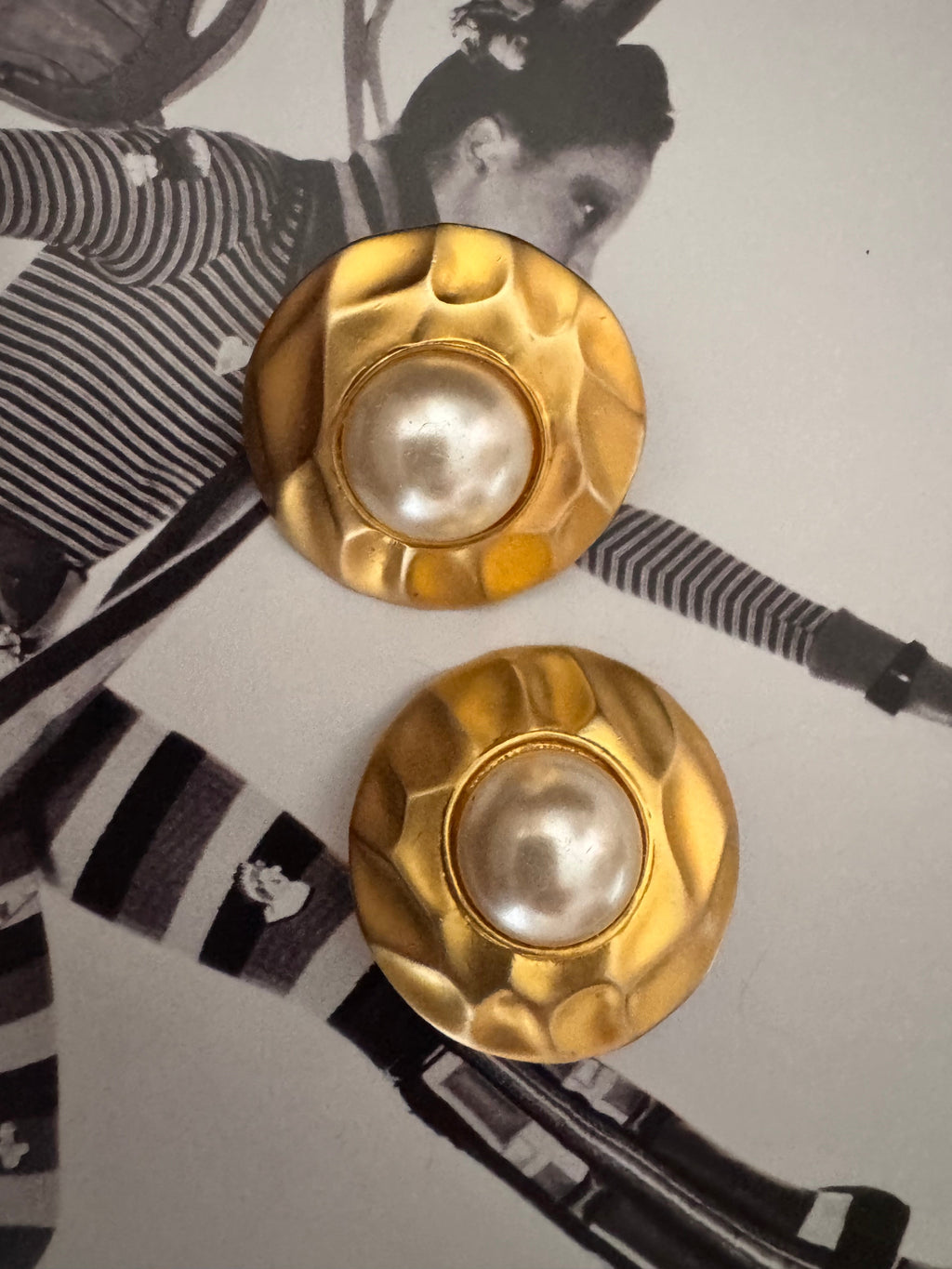 Vintage Hammered Gold and Faux Pearl Button Earrings