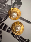Vintage Hammered Gold and Faux Pearl Button Earrings