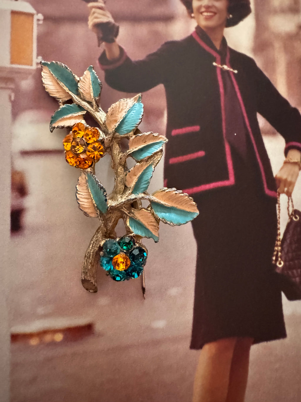Vintage Enamel Floral Rhinestone Statement Brooch